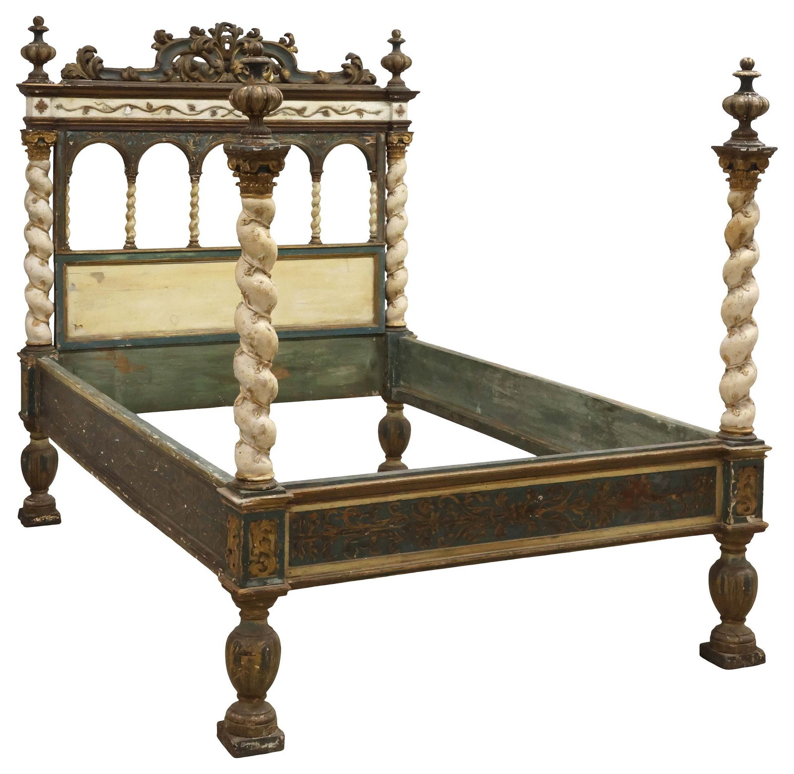 EXCEPTIONAL ITALIAN BAROQUE PERIOD PARCEL-GILT & PAINTED 4-POSTER BED: Italian Baroque period paint-decorated bed, 17th/ 18th c., in a worn teal blue and ivory painted finish with parcel-gilt accents, with pierced scrollwork crest, above arcaded spiral twist headboard, S
