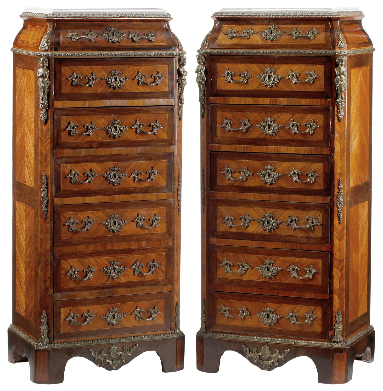 (2) FRENCH NAPOLEON III PERIOD MARBLE-TOP SECRETARY SEMAINIERS: (pair) French Napoleon III matched-veneer semainier secretaires, 19th c., each having marble top, above fall-front door revealing inset writing surface and interior gallery, flanked by six exterior