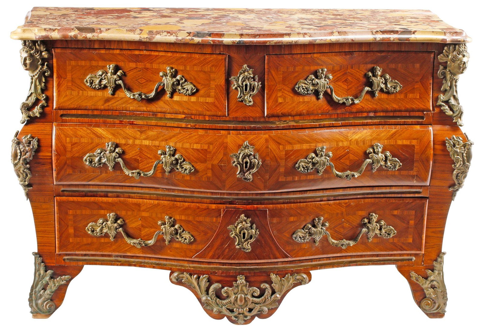 FINE FRENCH REGENCE STYLE MARBLE-TOP MATCHED VENEER COMMODE, 18TH C. (1 of 8)