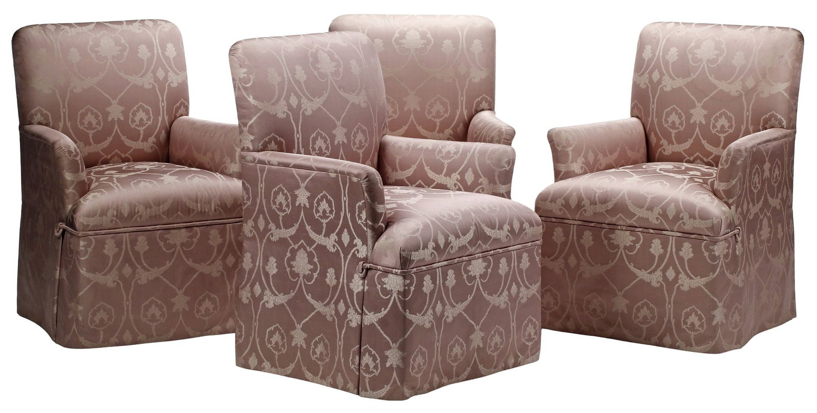 (4) CONTEMPORARY J. ROBERT SCOTT SILK DAMASK UPHOLSTERED ARMCHAIRS: (lot of 4) Contemporary upholstered armchairs, J. Robert Scott, Los Angeles, 21st c., each having rounded back and seat, in patterned mauve silk damask, on casters, retaining maker tag under seat, app