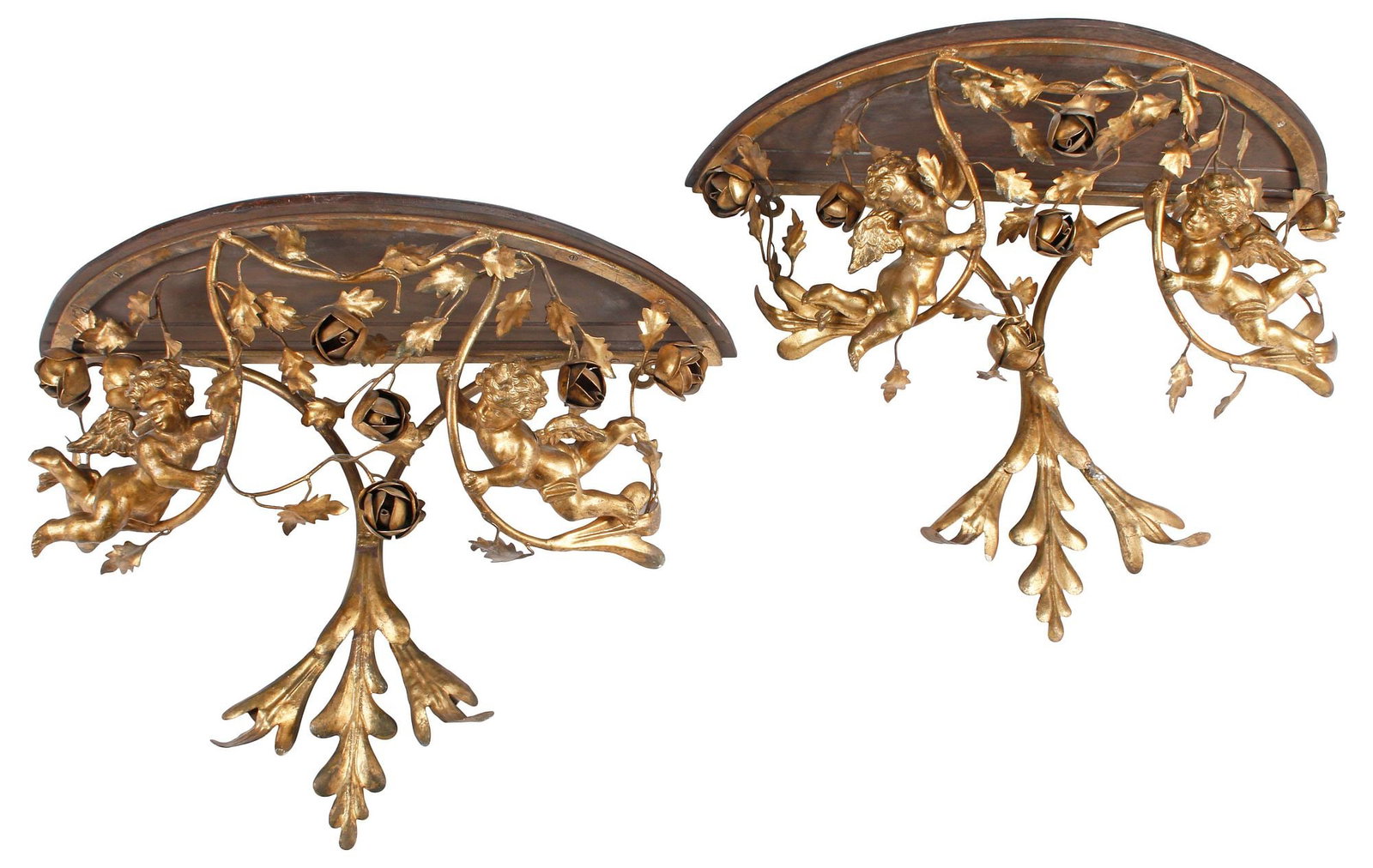 (2) LOUIS XV STYLE GILT-METAL DEMILUNE WALL BRACKETS / CONSOLE TABLES: (pair) Louis XV style gilt-metal wall-mounted bracket consoles, each having demilune top in a marbleized painted finish, above foliates and rose blossoms flanked by winged cherubs, approx 21"h, 28"w,