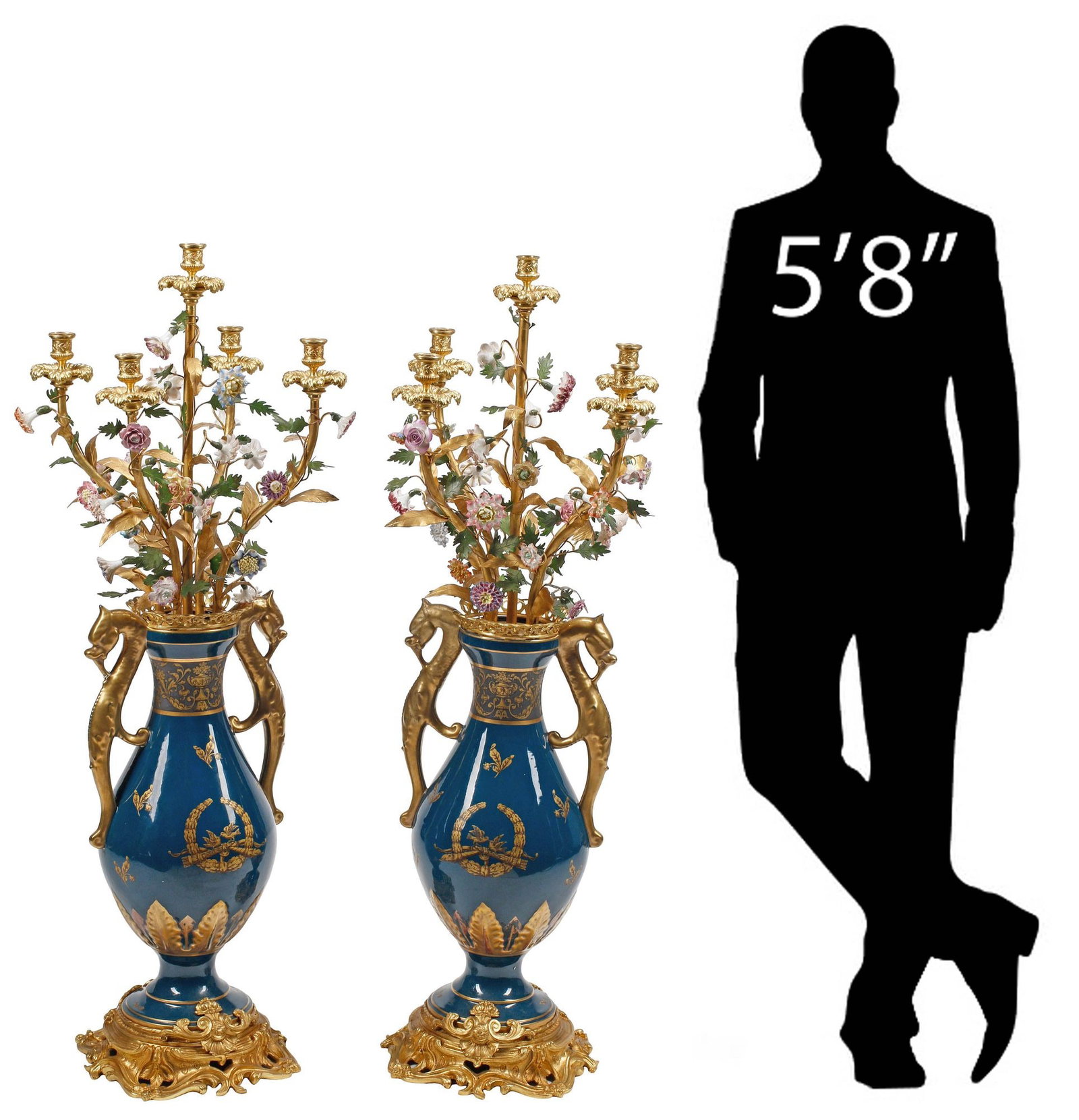(2) LARGE ORMOLU & PORCELAIN FLORAL URN 5-LIGHT CANDELABRA, 47"H (1 of 7)