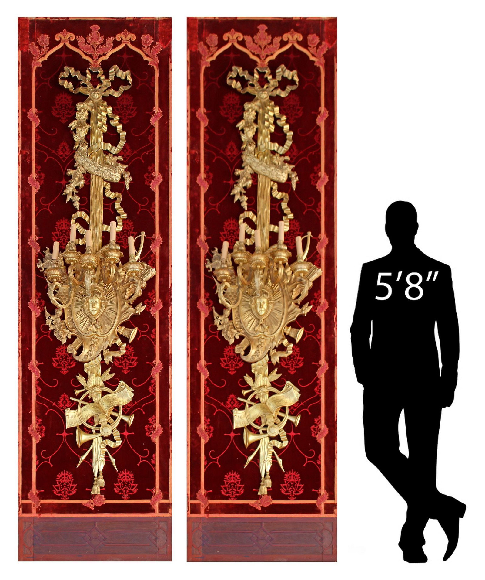 (2) MONUMENTAL LOUIS XVI STYLE ORMOLU 5-LIGHT WALL SCONCES, 108"H: (pair) Monumental Louis XVI style bronze dore five-light wall sconces, each having ribbon crest, above shield-form plaque with figural mask, issuing scrolled arms and faux candles, terminating on shee