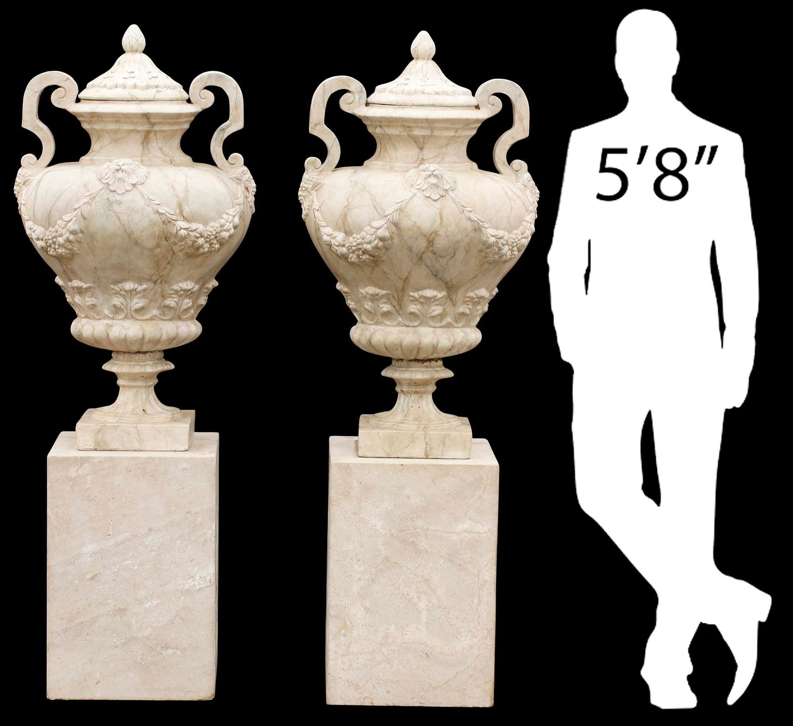 (2) MARBLEIZED TERRACOTTA GARDEN URNS ON PEDESTALS, 65"H (1 of 8)