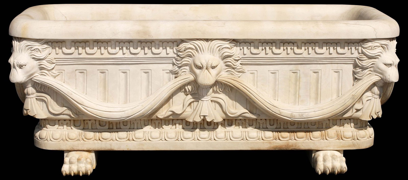 FINE RENAISSANCE STYLE CARVED MARBLE LION MASK BATHTUB: Fine Renaissance style carved marble bathtub, fluted rectangular basin with protruding lion masks, supporting swag drapery, with egg-and-dart trim, rising on paw feet, approx 28.5"h, 74"w, 3