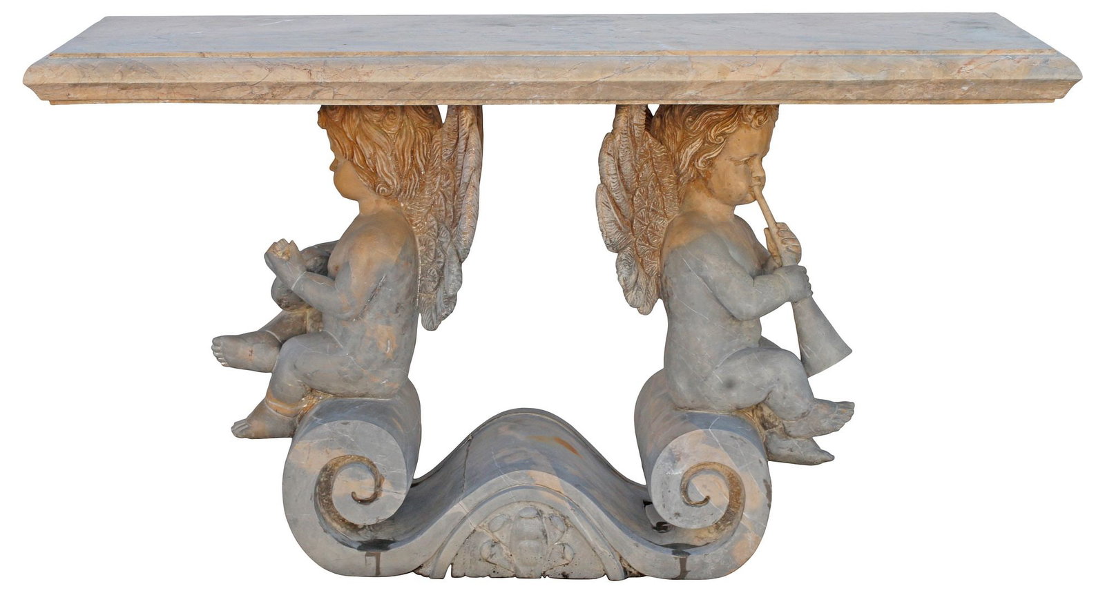 ROCOCO STYLE CARVED MARBLE CHERUBS OUTDOOR PATIO CONSOLE TABLE (1 of 6)