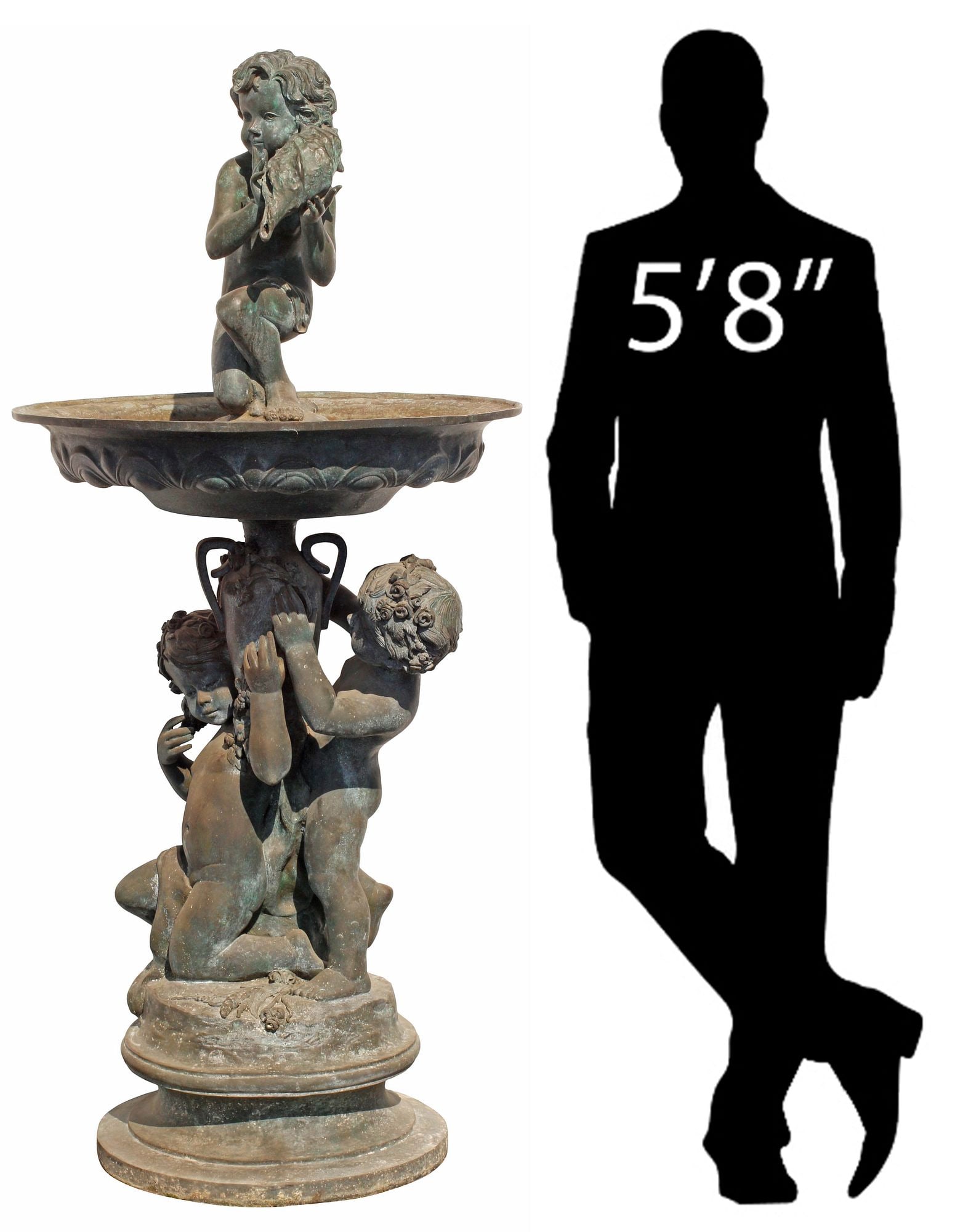 ROCOCO STYLE PATINATED BRONZE FIGURAL PUTTI GARDEN FOUNTAIN, 65"H: Large Rococo style patinated bronze garden fountain, surmounted by a kneeling putto holding a shell, in flared basin, vasiform standard with two draped putti, on integral socle, approx 65"h, 29&q