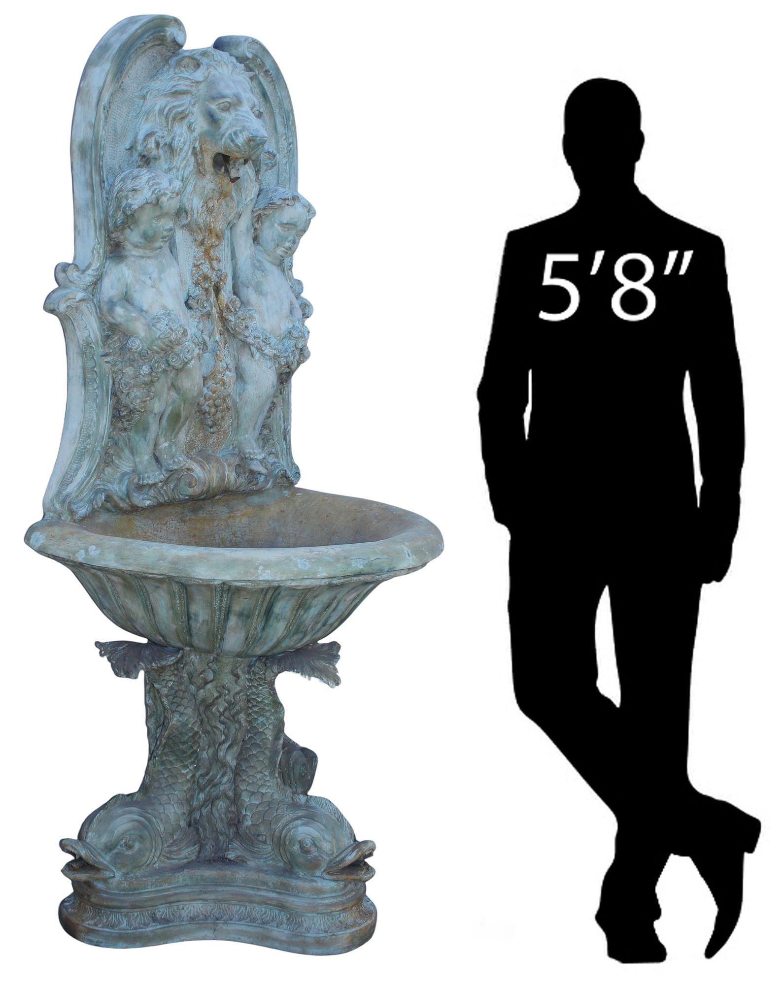 MONUMENTAL VERDIGRIS BRONZE LION, PUTTO & DOLPHIN WALL FOUNTAIN, 75"h (1 of 7)