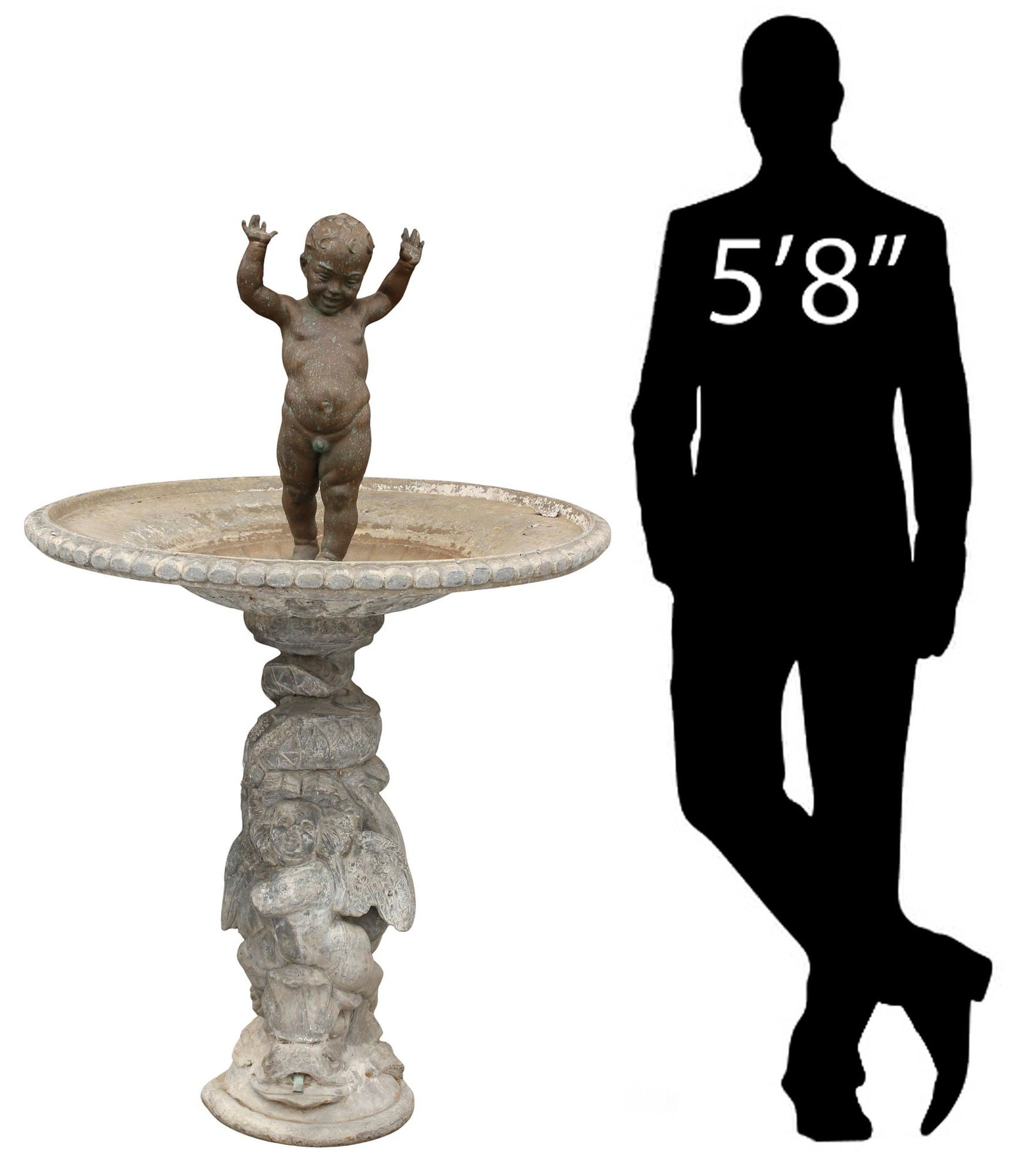 CAST LEAD & BRONZE PUTTO FIGURAL GARDEN FOUNTAIN, 58"H (1 of 5)