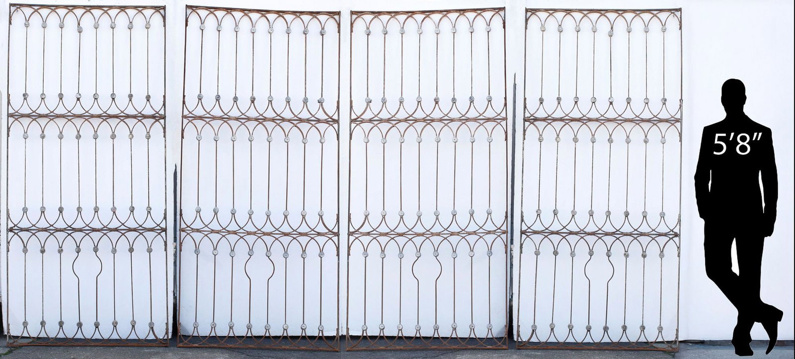 (4) MONUMENTAL FRENCH ARCHITECTURAL WROUGHT IRON WINDOW GRILLES, 94"H: (lot of 4) Monumental French architectural wrought iron window guards, approx 94"h, 43"w **PLEASE NOTE: All of the cast stone and garden pieces in this auction have inherent flaws and evidence of outd