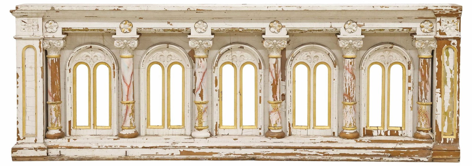 CONTINENTAL PARCEL-GILT CARVED & PAINTED ARCHITECTURAL ALTAR RAILING, 85"L (1 of 5)