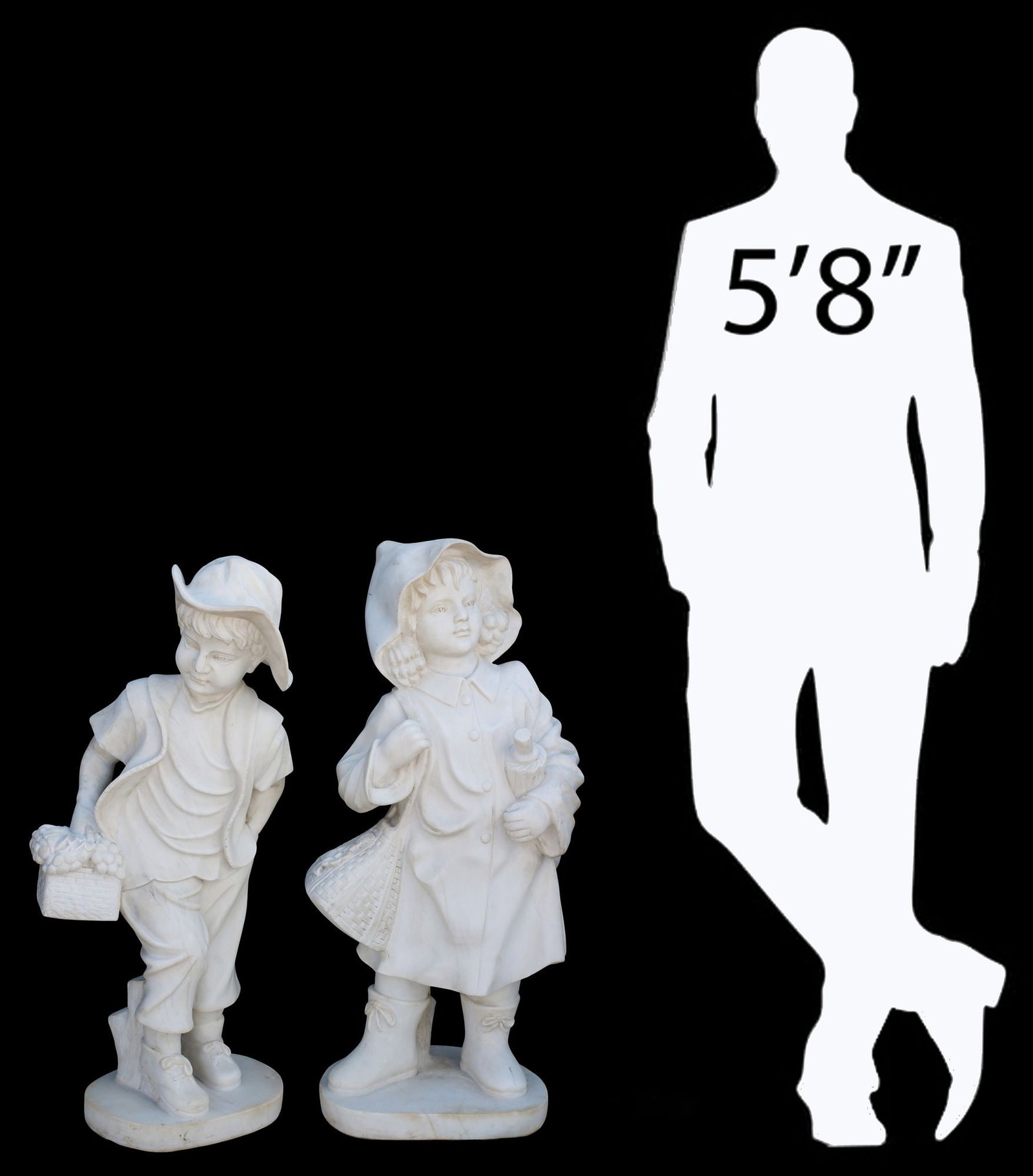 (2) NEAR LIFE-SIZE WHITE MARBLE SCULPTURES OF CHILDREN: (lot of 2) Carved white marble sculptures, the girl holding an umbrella and woven bag, the boy with a basket of grapes, largest: approx 35"h, 15"w, 11"d **PLEASE NOTE: All of the cast s