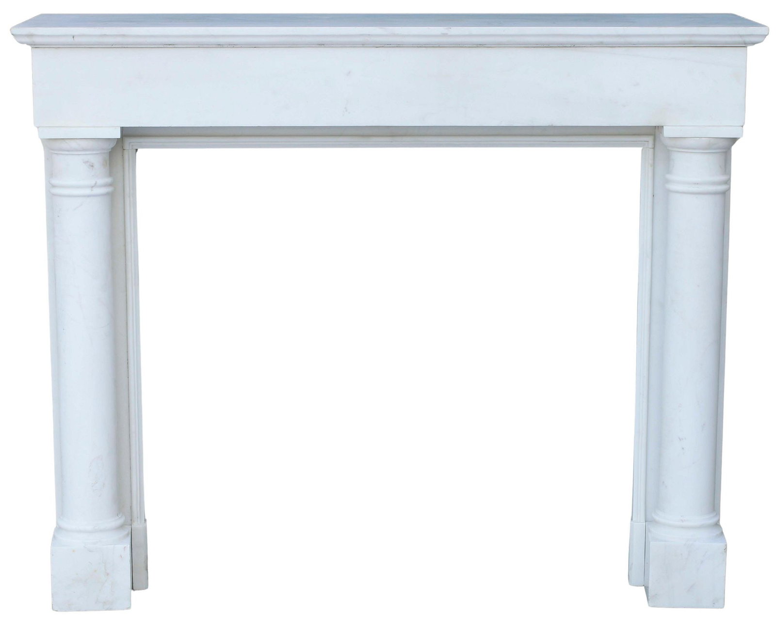 NEOCLASSICAL STYLE WHITE MARBLE FIREPLACE SURROUND / MANTEL: Neoclassical style Carrara marble fireplace surround/ chimneypiece, having stepped shelf over columnar supports, exterior: approx 47.5"h, 59"w, 18"d