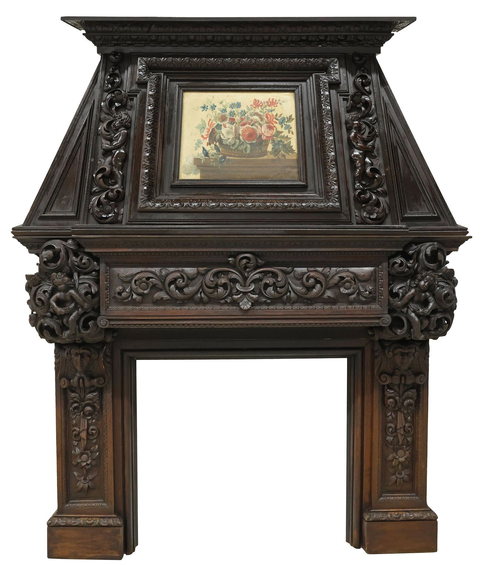 PALATIAL FRENCH RENAISSANCE REVIVAL CARVED OAK FIREPLACE SURROUND, 111"H: Monumental French Renaissance Revival carved oak fireplace surround or chimneypiece, 19th c., pitched hood with central inset oil on board floral still life painting, mantle with molded cornice, and e