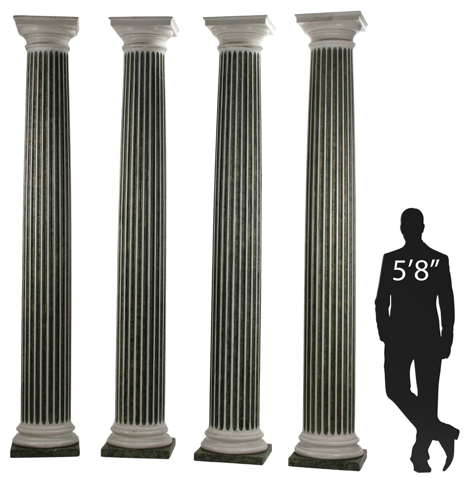 (4) CLASSICAL STYLE ARCHITECTURAL FLUTED DORIC COLUMNS, 120"H: (lot of 4) Classical style architectural carved and painted wood Doric columns, each with fluted standard and integral socle, approx 120"h, 18.5"w, 18.5"d