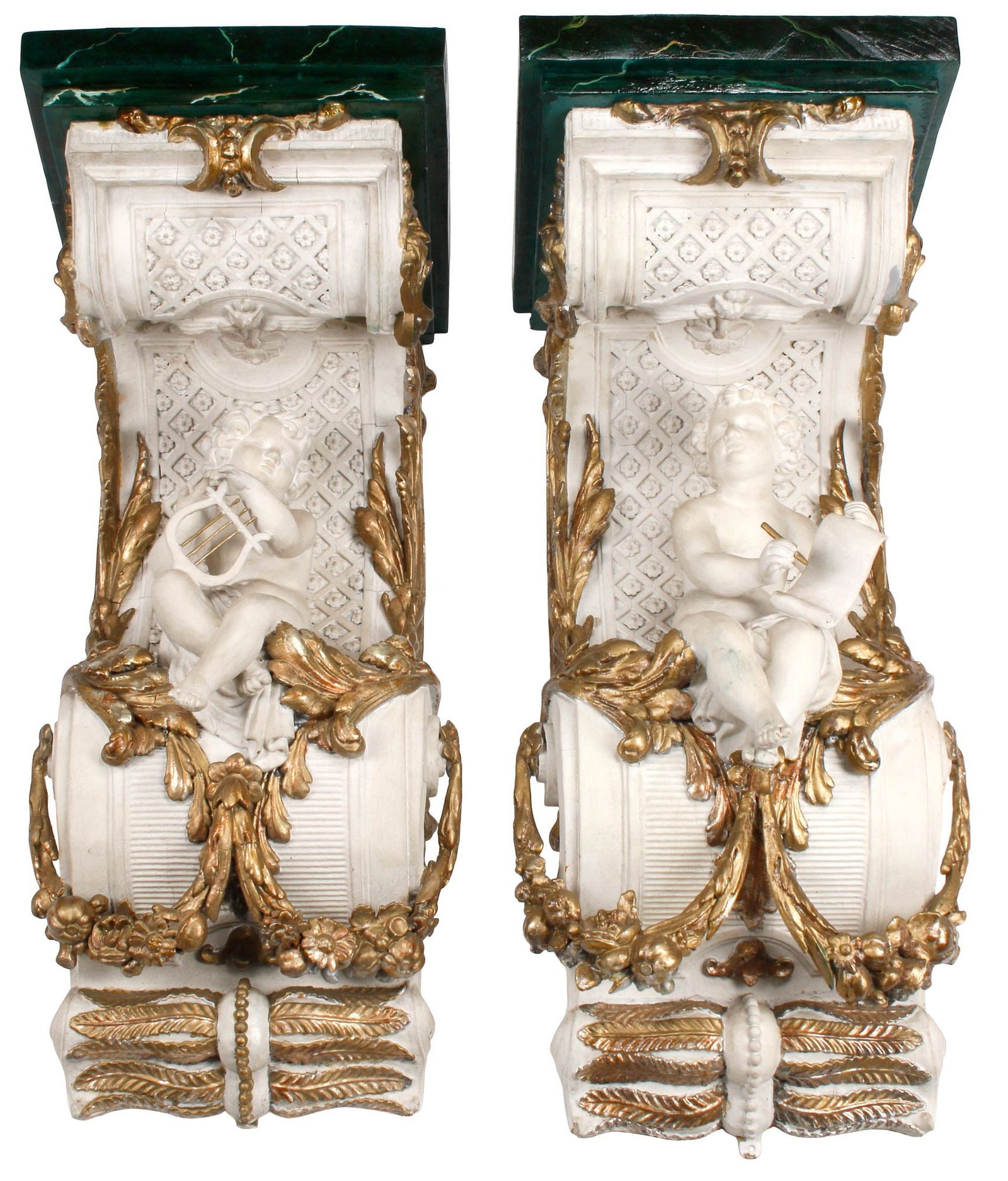 (2) ITALIAN PARCEL-GILT & PAINTED FIGURAL CHERUB BRACKETS / CORBELS (1 of 6)