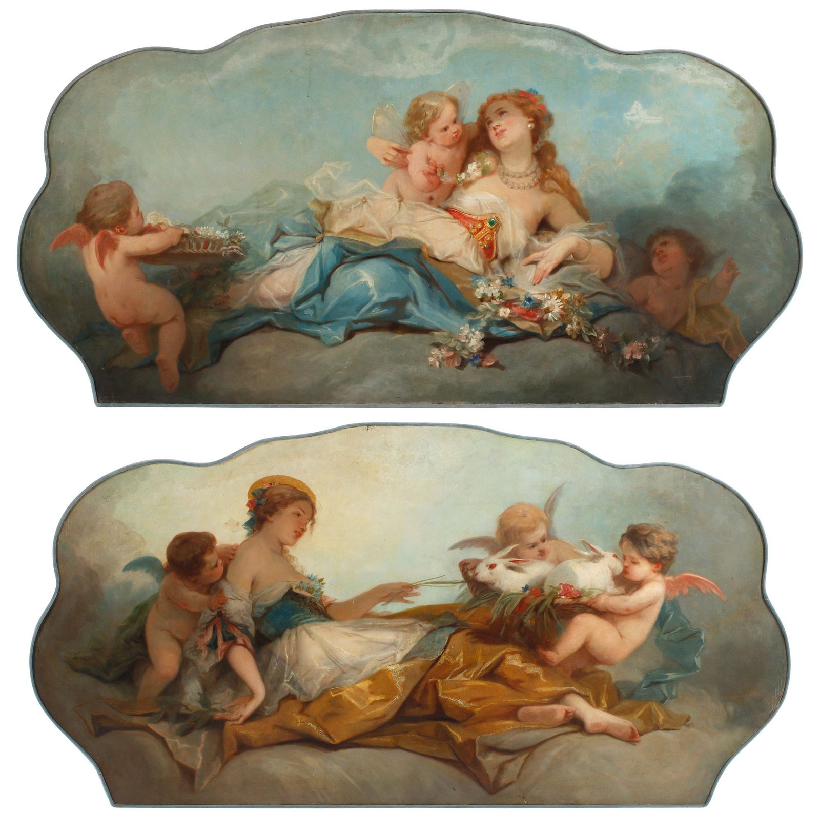 (2) MANNER OF FRANCOIS BOUCHER ALLEGORICAL OVERDOOR PAINTINGS, 33" X 65" (1 of 8)