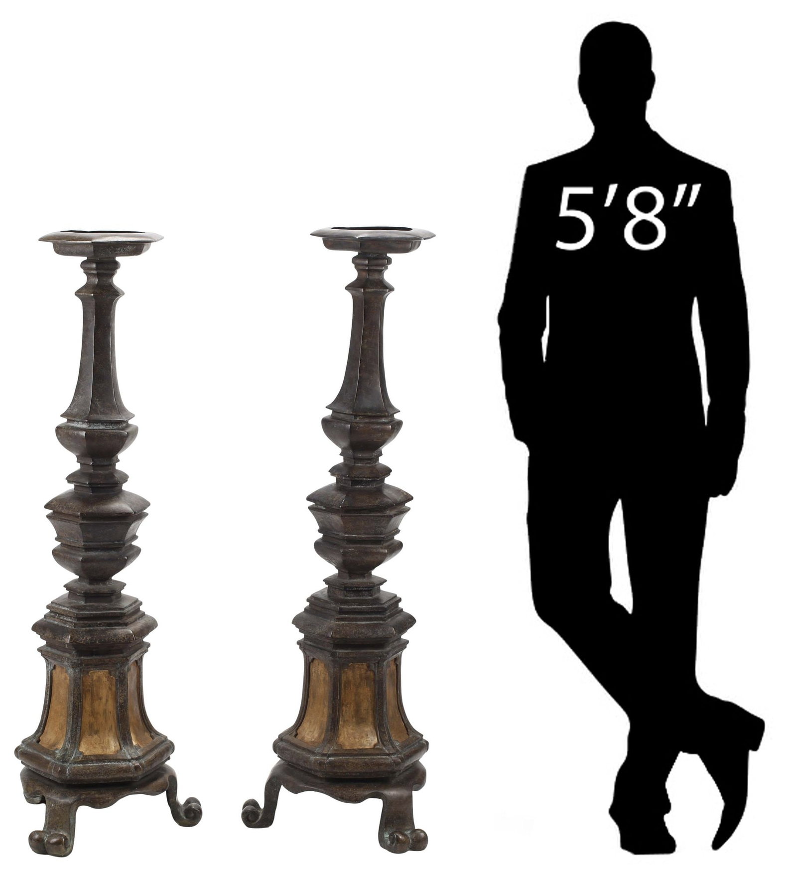 (2) FRENCH PARCEL-GILT PATINATED BRONZE STANDING CANDLESTICKS, 52.5"H (1 of 6)