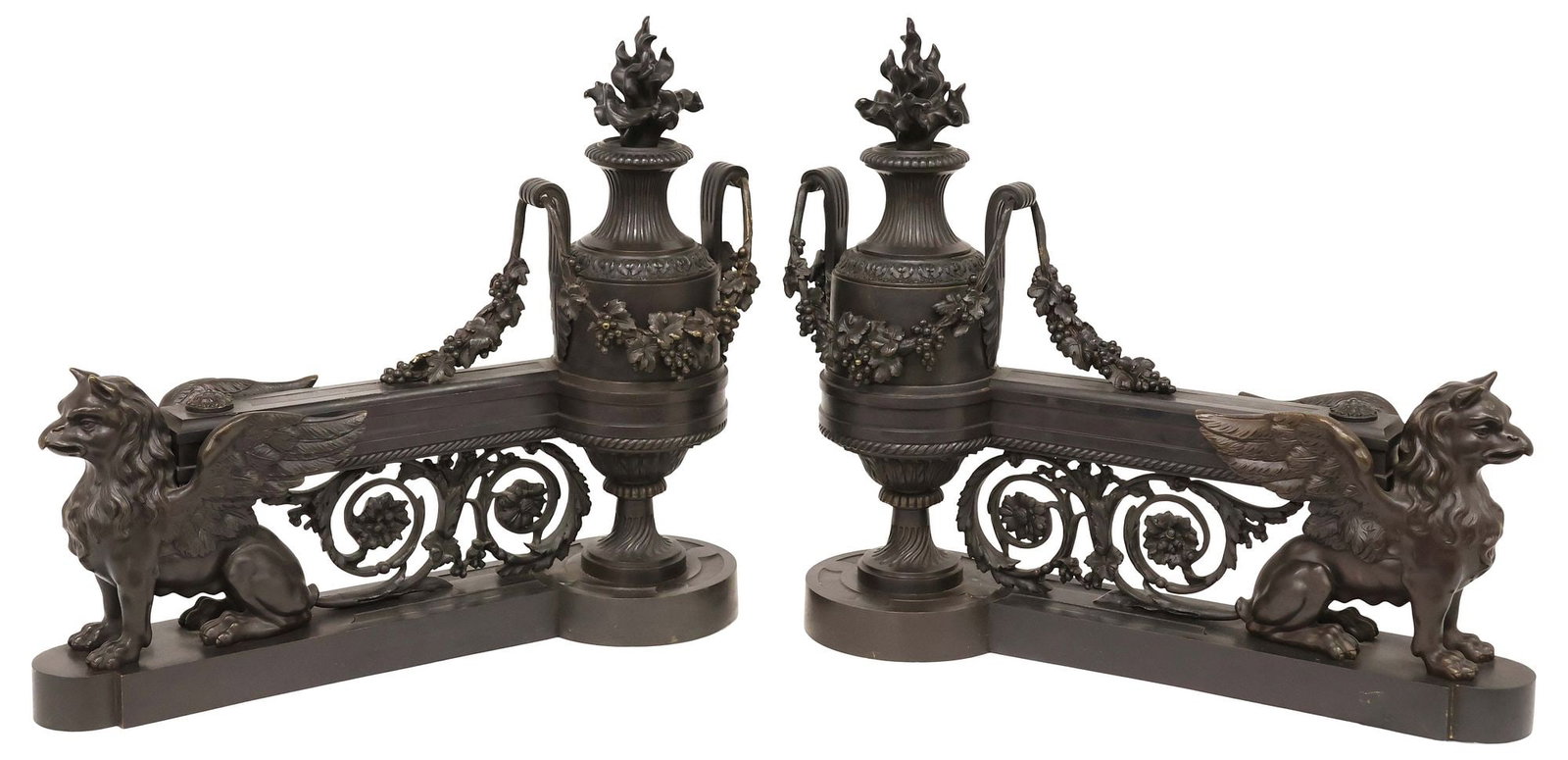 (2) FINE LOUIS XVI STYLE PATINATED BRONZE GRIFFIN & URN FIREPLACE ANDIRONS, BONHAMS PROVENANCE (1 of 5)
