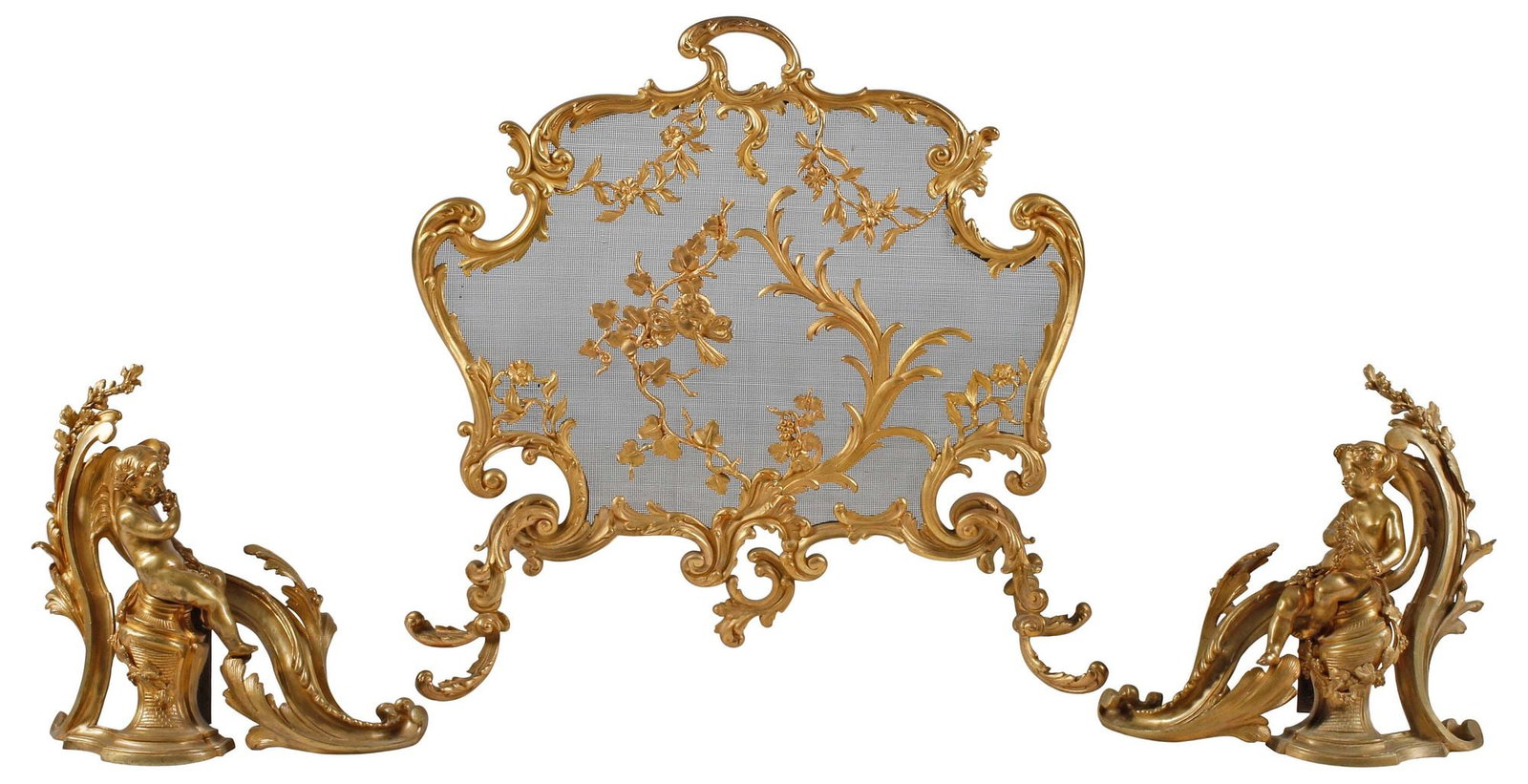 (3) LOUIS XV STYLE ORMOLU FIREPLACE SET, CHENETS & MESH SCREEN: (lot of 3) Louis XV style bronze dore fireplace accessories, including: (1) handled mesh screen, frame with flowering branches, grapevines and cherub mask, on scrolled feet, approx 28"h, 29"