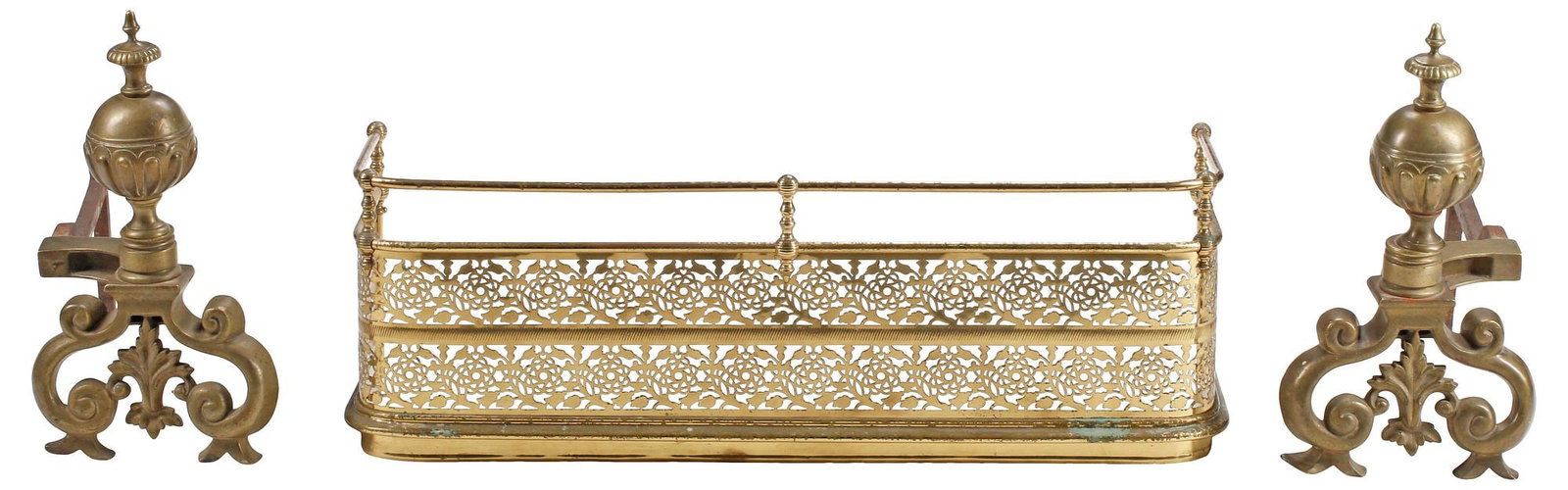 (3) FRENCH GILT-METAL FIREPLACE CHENETS / ANDIRONS & FENDER (1 of 6)
