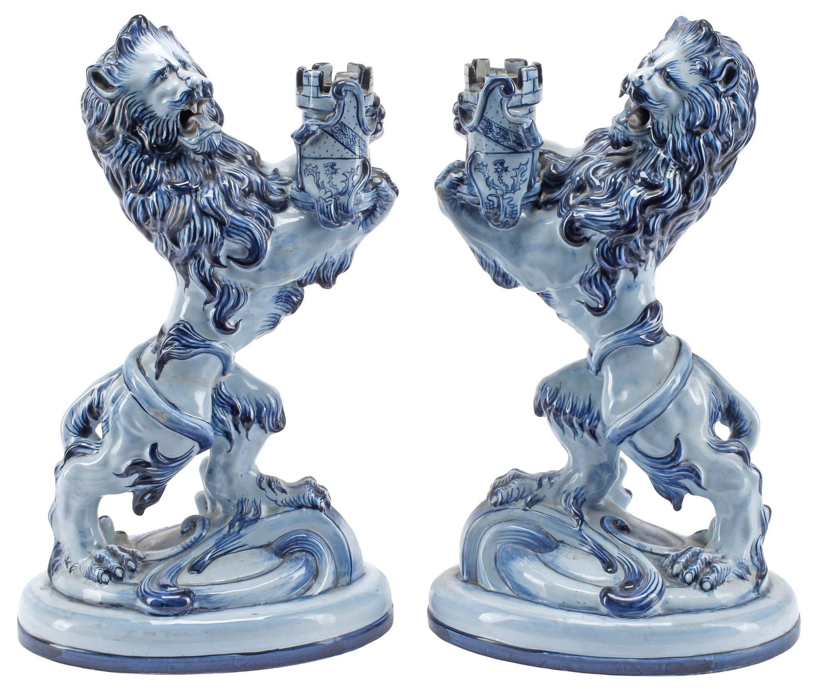 (2) FRENCH EMILE GALLE FAIENCE HERALDIC LION CANDLESTICKS (1 of 6)