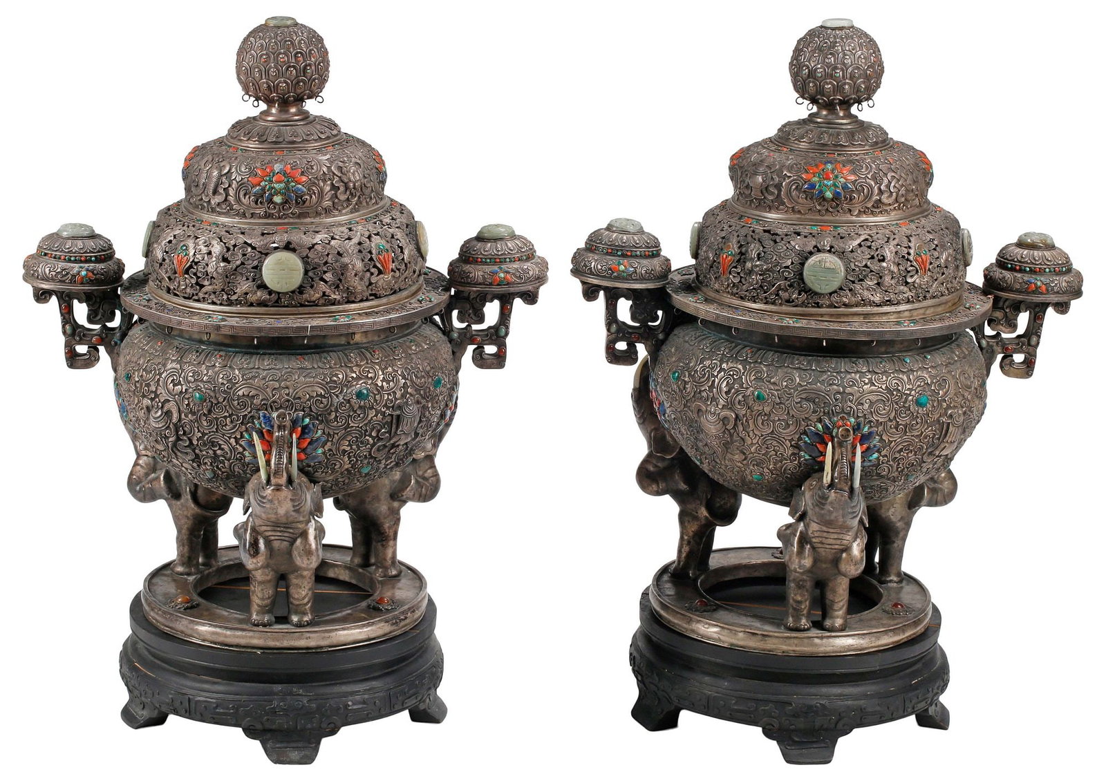 (2) SINO-TIBETAN HARDSTONE-MOUNTED SILVERED METAL CENSERS ON STANDS, 36.5"H (1 of 7)
