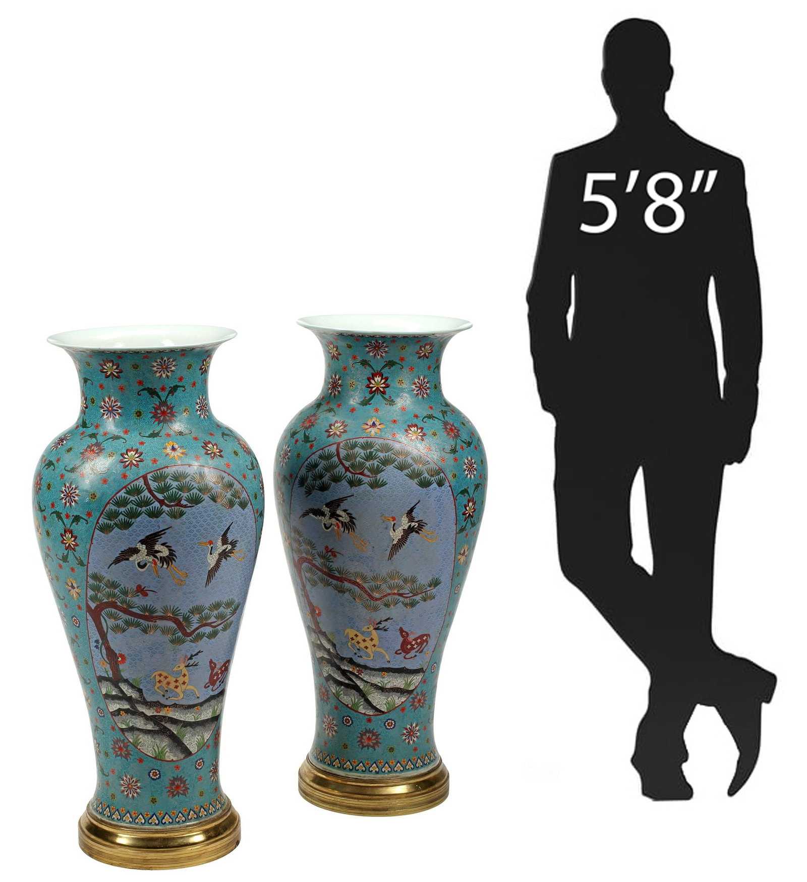(2) MONUMENTAL CHINESE CLOISONNE ENAMEL PORCELAIN VASES, 40"H: (pair) Monumental Chinese cloisonne enameled porcelain vases, scrollworked turquoise ground, either side with reserves of cranes in flight over frolicking deer and pine trees, on integral gilt-bronze