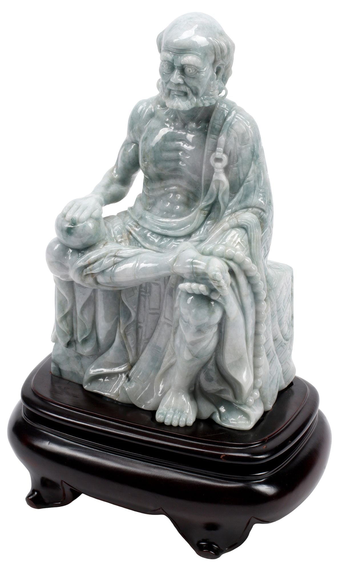 CHINESE BURMESE JADE CARVING ON WOOD BASE, MEDITATING LOHAN FIGURE, 14"H (1 of 4)