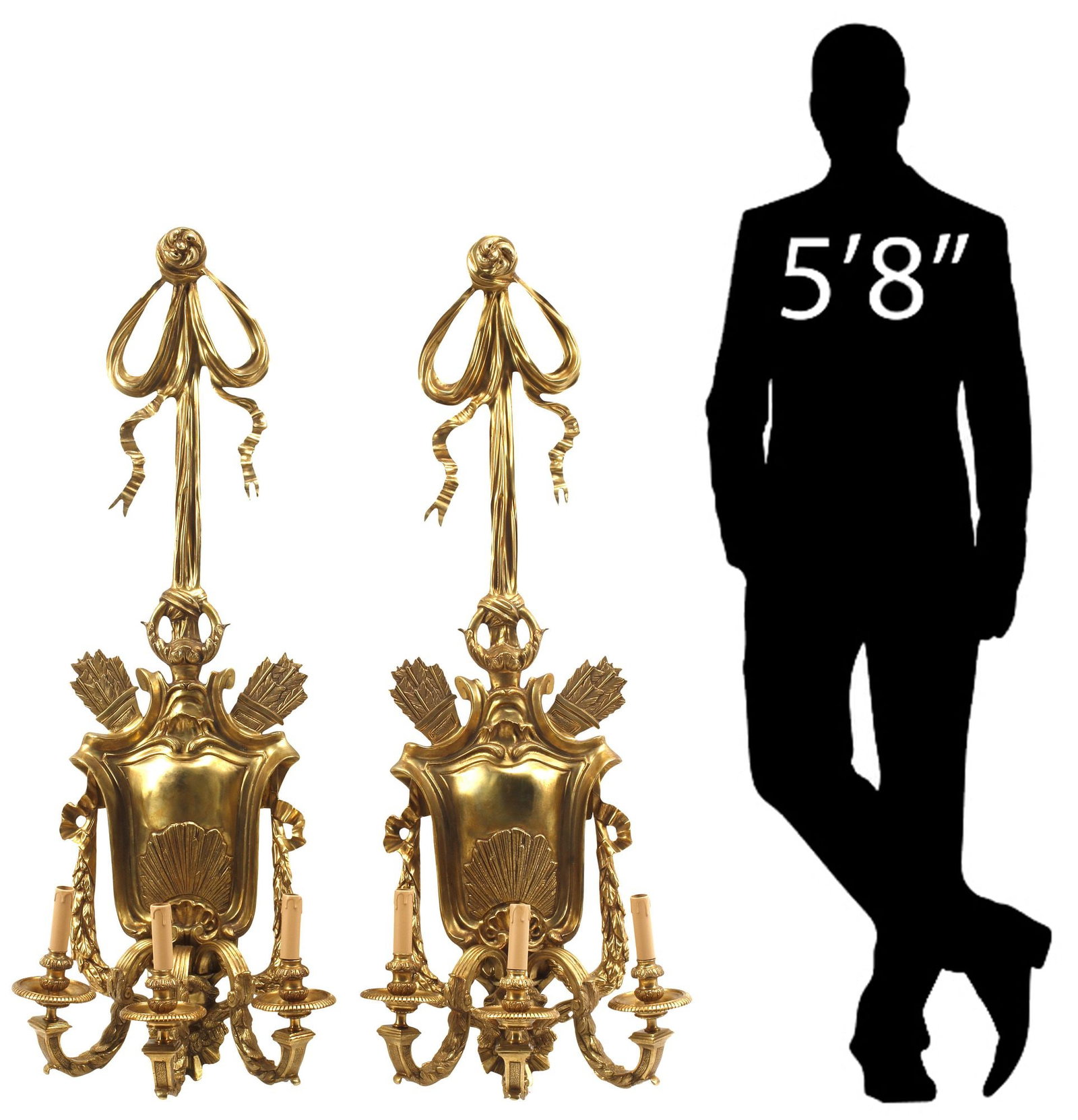(2) MONUMENTAL LOUIS XVI STYLE ORMOLU 3-LIGHT WALL SCONCES, 47"H (1 of 7)