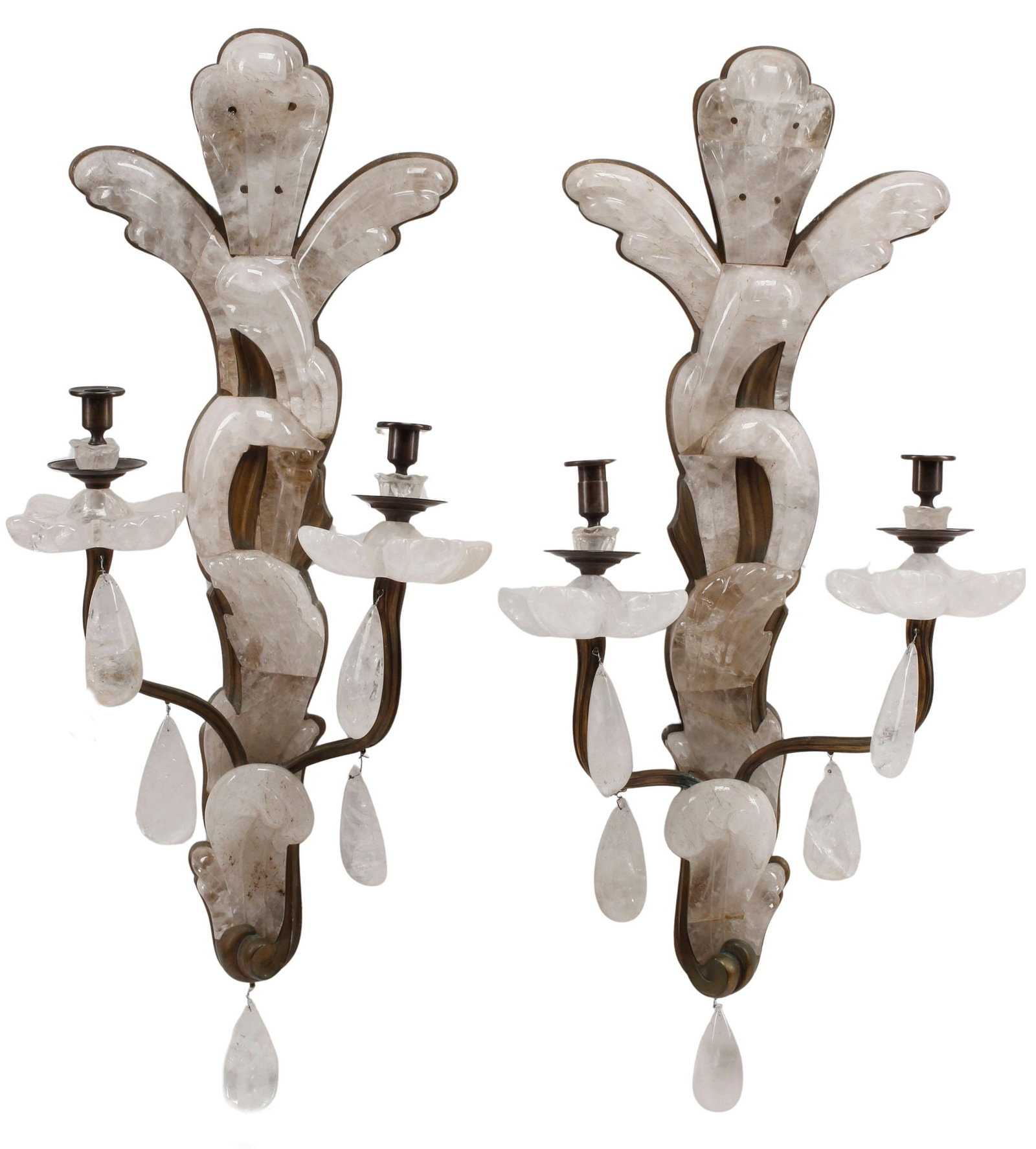 (2) LARGE BRONZE & ROCK CRYSTAL 2-LIGHT WALL SCONCES (1 of 3)