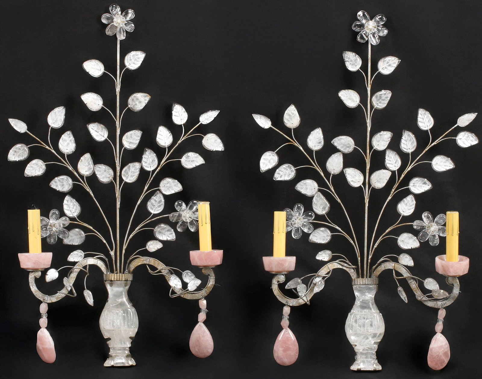 (2) MAISON BAGUES STYLE ROCK CRYSTAL & ROSE QUARTZ 2-LIGHT WALL SCONCES (1 of 5)