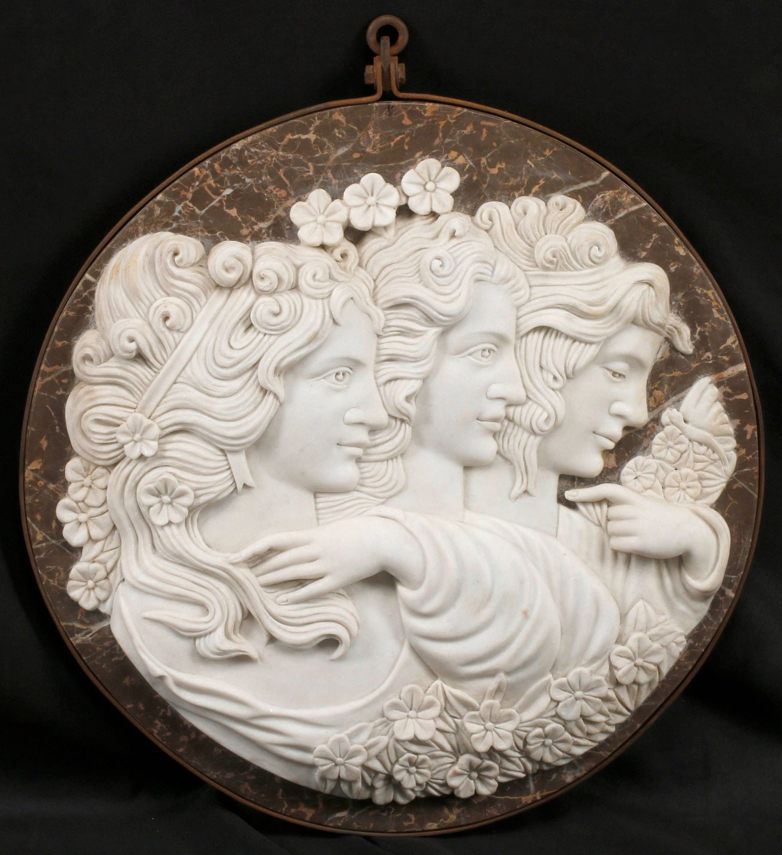 CLASSICAL STYLE CARVED MARBLE FIGURAL RELIEF PLAQUE IN IRON MOUNTS (1 of 4)