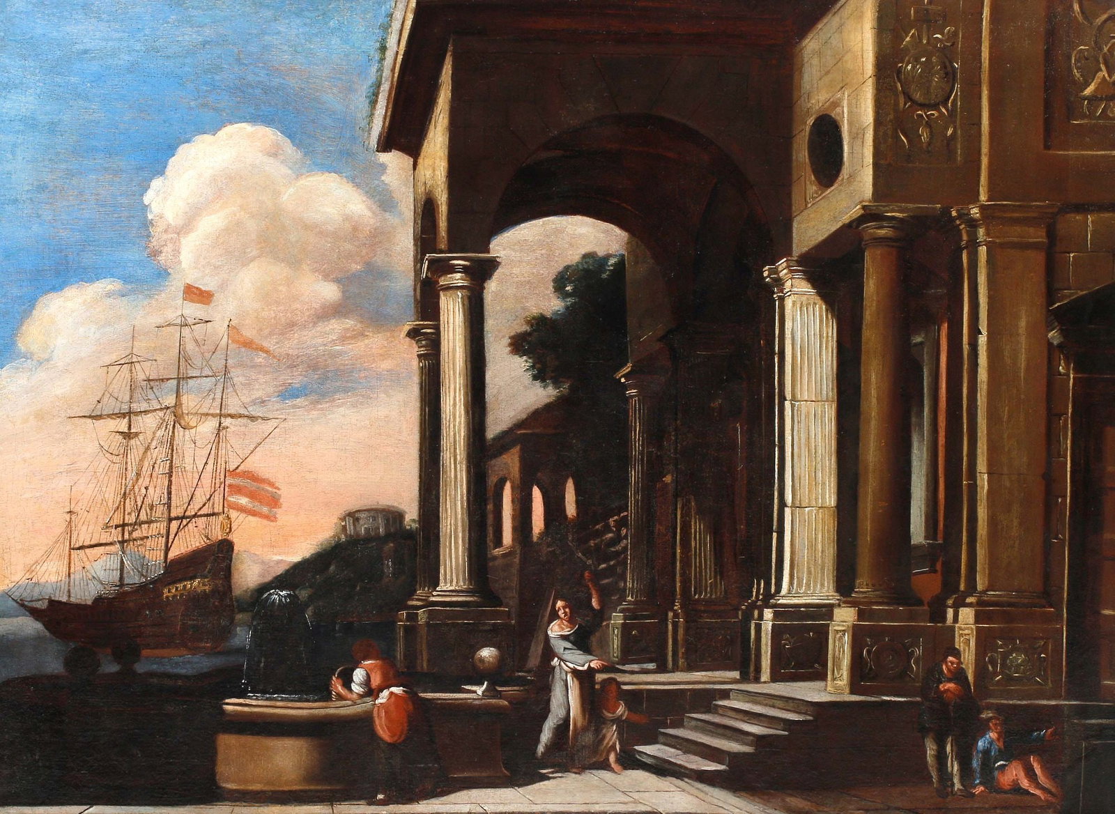ITALIAN SCHOOL OIL ON PANEL PAINTING, CAPRICCIO HARBOR SCENE (1 of 7)