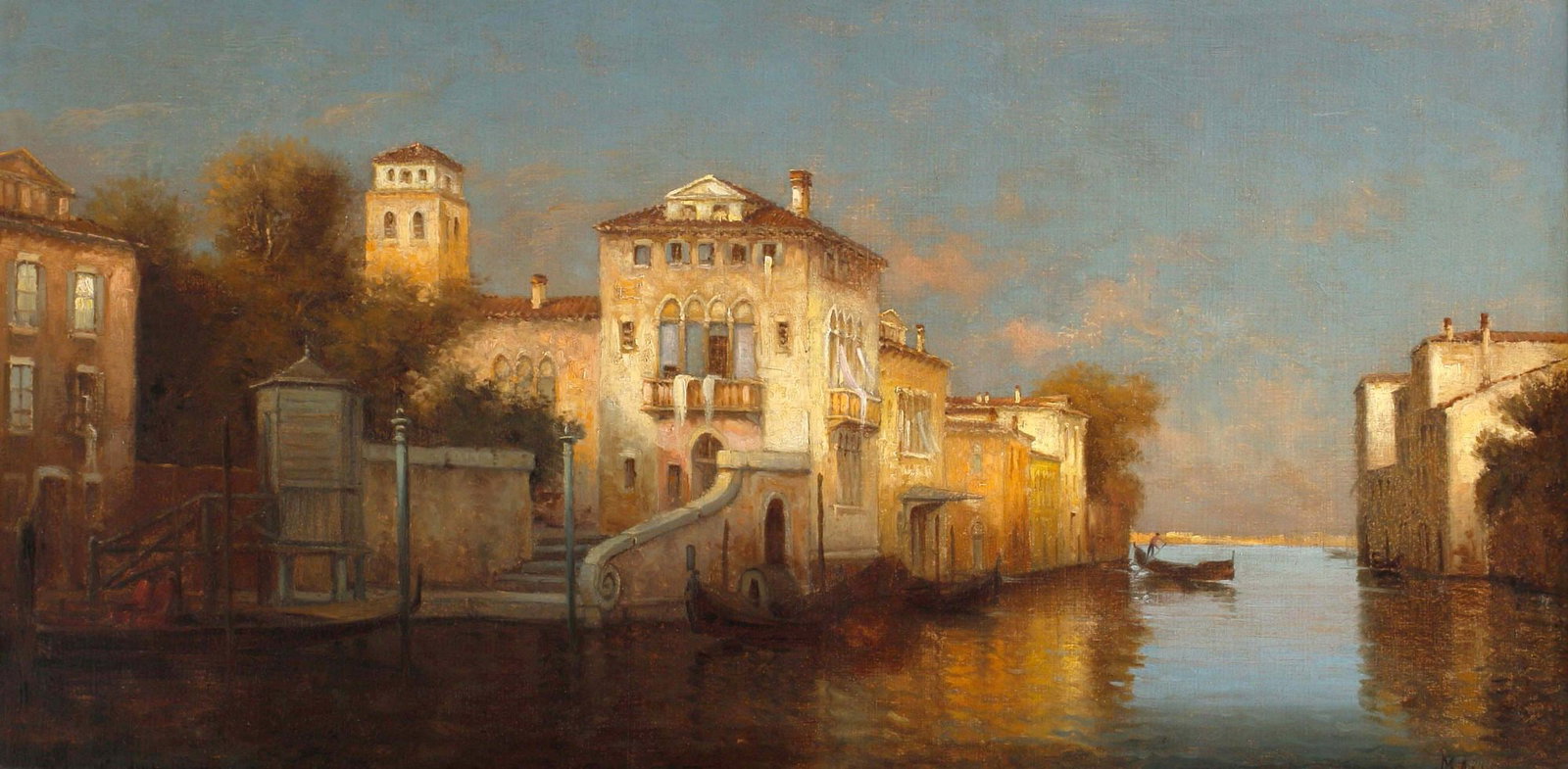 SIGNED M. ALDINE OIL PAINTING OF THE VENETIAN CANAL, 20" X 40" (1 of 7)