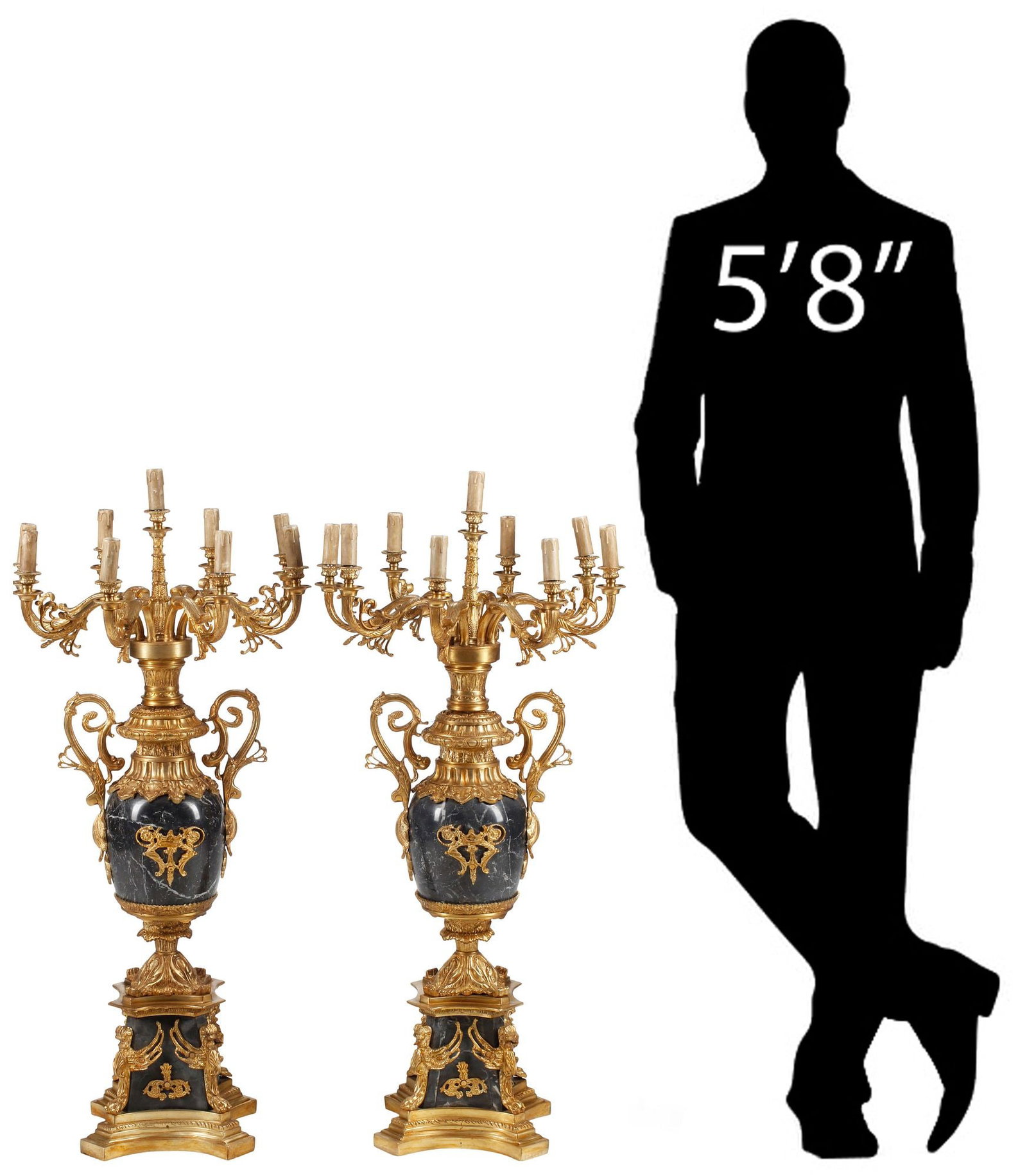(2) LARGE LOUIS XV STYLE ORMOLU & MARBLE 9-LIGHT CANDELABRA, 44"H (1 of 7)