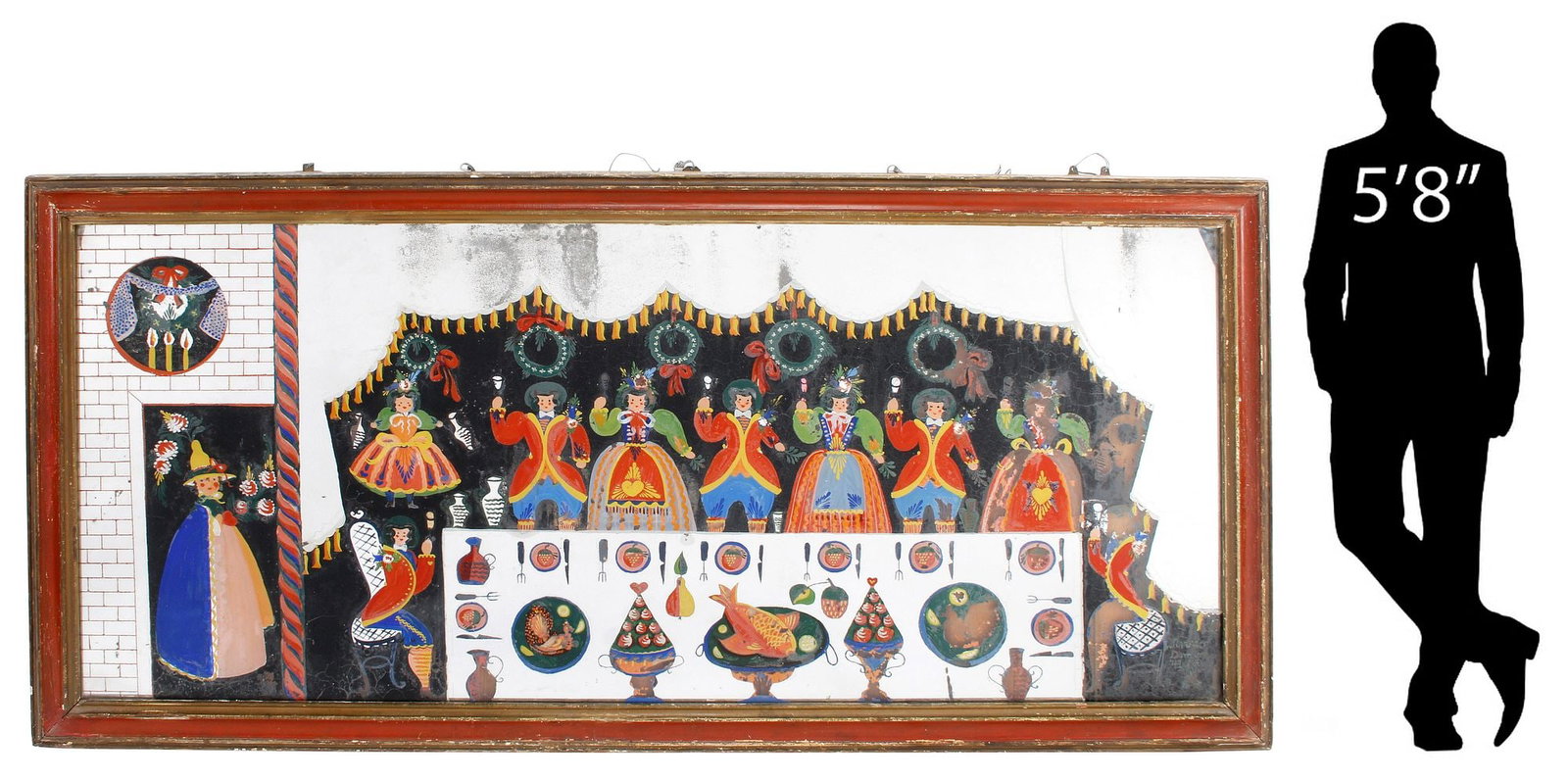 LARGE SWEDISH DALMALNING STYLE FOLK ART REVERSE-PAINTED MIRROR, 104"L: Large Swedish Dalmalning style folk art reverse-painted mirror, depicting the scene of a feast, like a julbord (Christmas table), with figures hoisting goblets, a gowned attendant surrounded by kurbit