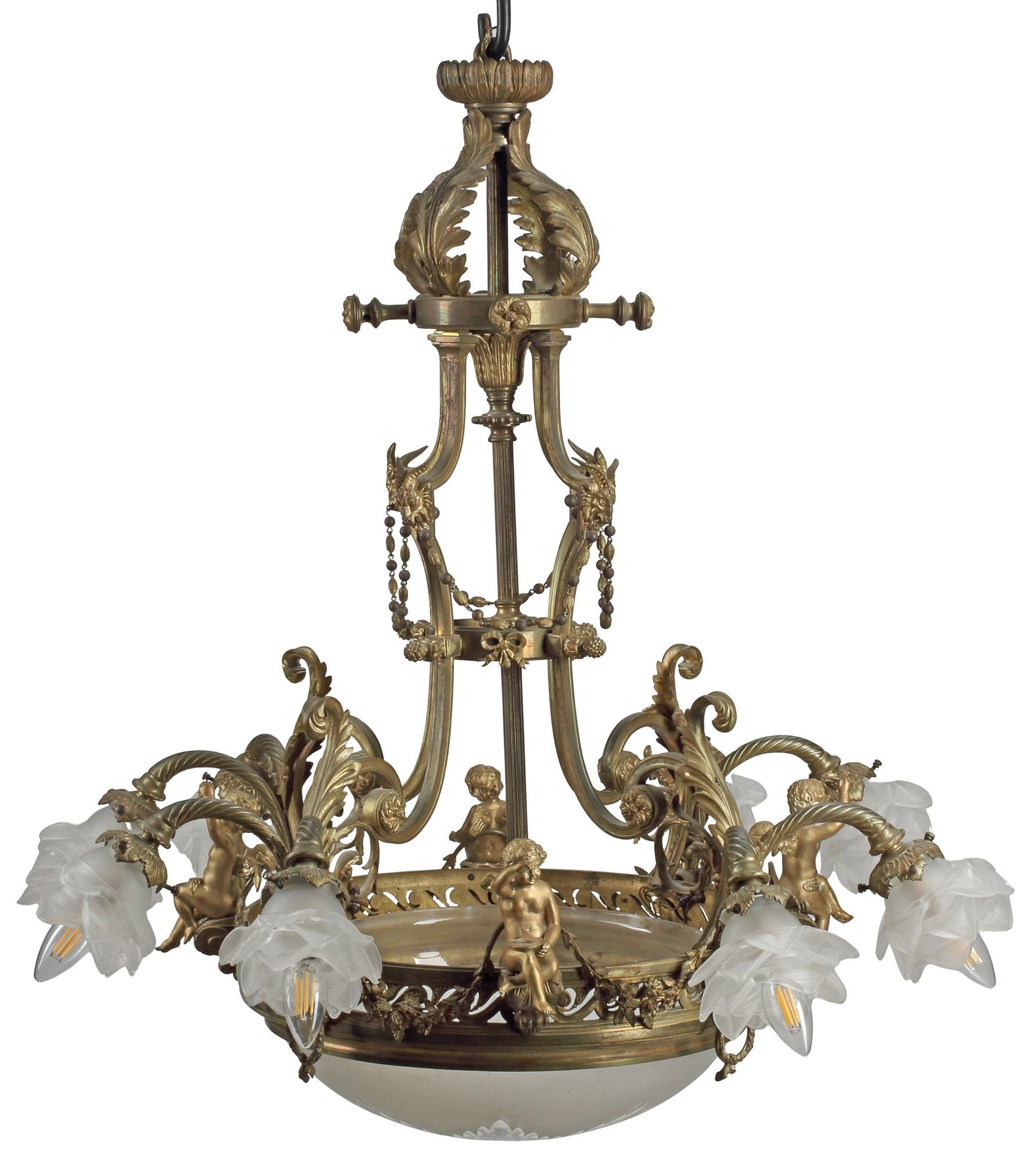 FRENCH BELLE EPOQUE BRONZE & FROSTED GLASS 8-LIGHT CHANDELIER (1 of 6)