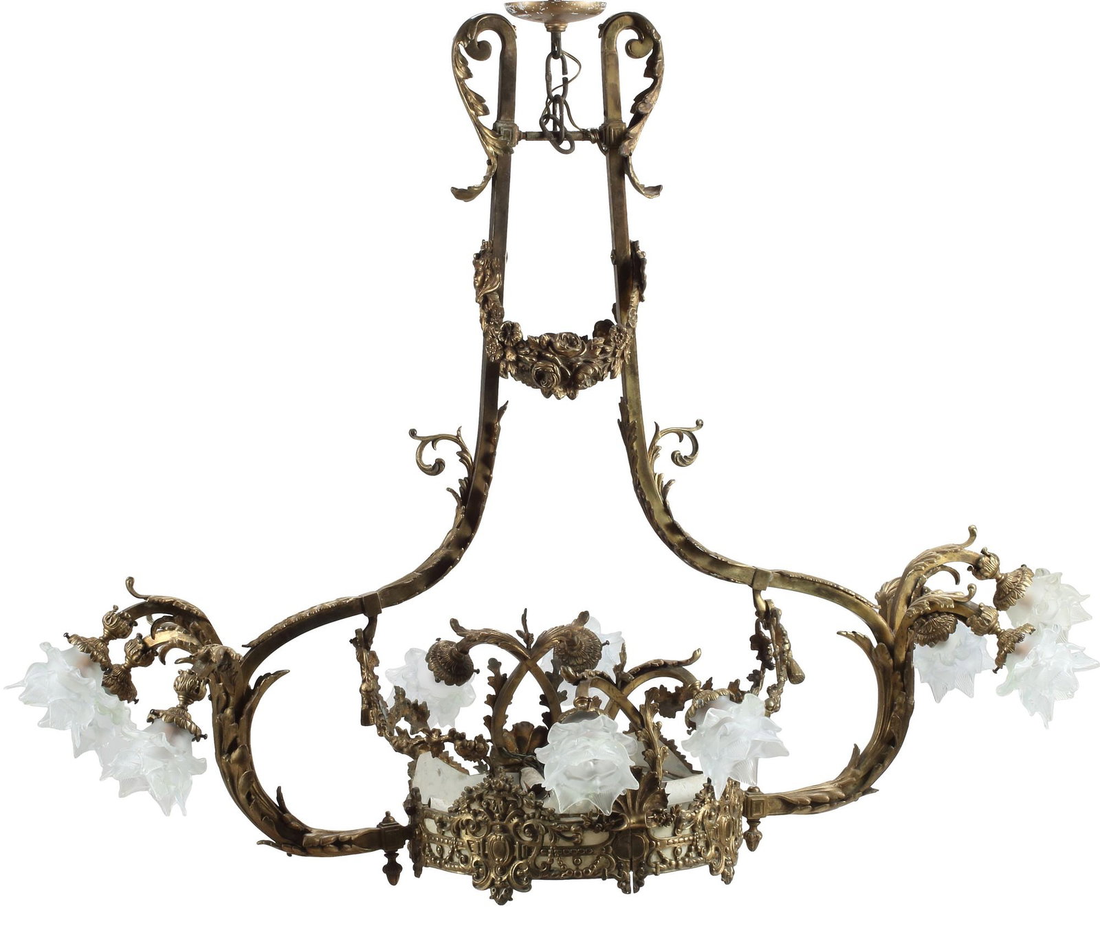 LARGE LOUIS XV STYLE BRONZE & GLASS 14-LT BILLIARDS CHANDELIER, 42"H (1 of 6)