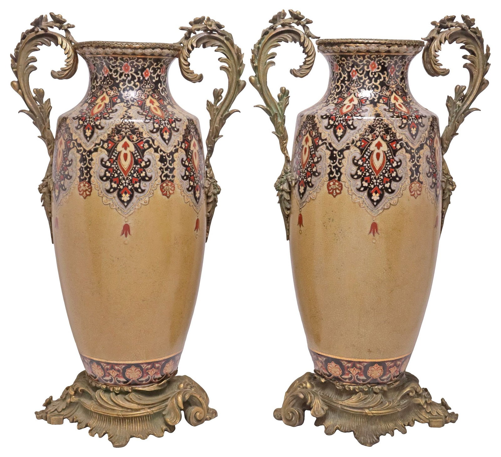 (2) LARGE FRENCH METAL-MOUNTED PORCELAIN FLOOR VASES, 26"H: (pair) Large French parcel-gilt porcelain vases, each with patinated metal mounts, dual scrolling foliate handles, above tapering body with arabesque designs on crazed tan ground, stamped Antic Paris
