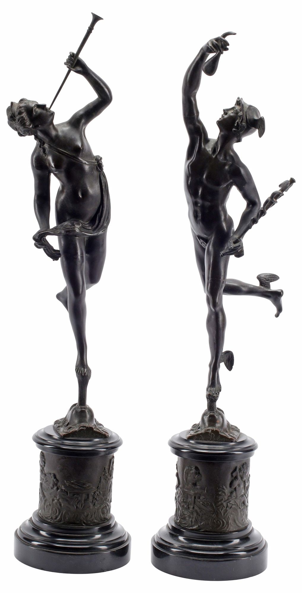 (2) AFTER GIAMBOLOGNA PATINATED BRONZE SCULPTURES, MERCURY & IRIS: (lot of 2) Large Renaissance style patinated bronze figures, Mercury and Iris, signed in cast after Giambologna (Italian, 1529-1608), each in a dynamic pose with attributes, on cylindrical pedestal ba
