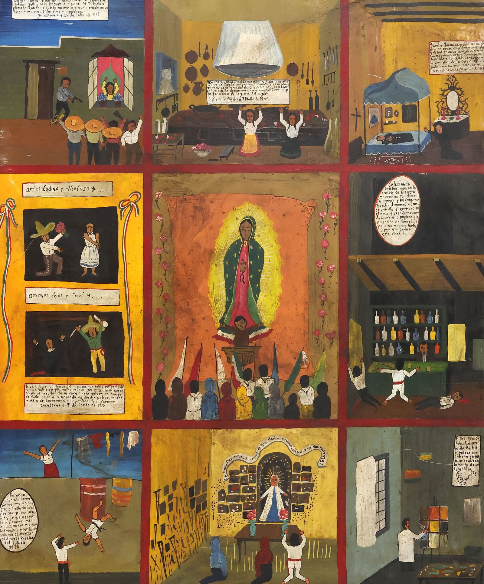RAFAEL RODRIGUEZ CONTRERAS (MEXICO, B.1974) LARGE EX-VOTO RETABLO: Large framed oil on tin retablo, "La familia Diaz da gracias por la muerte de Petra Martinez, porque nos echo el mal de ojo, San Pablo, 1937," signed lower right RRC (Rafael Rodriguez Contreras,
