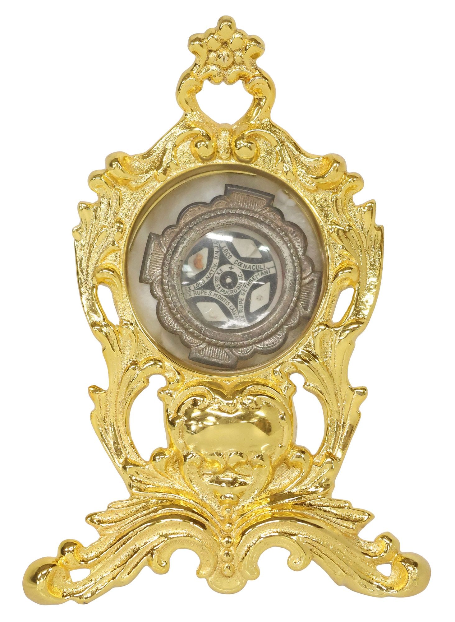 ALTAR RELIQUARY CONTAINING 6 1ST-CLASS RELICS OF CHRIST'S PILGRIMAGE: Religious gold-tone metal altar reliquary, housing (five) first-class relics relating to the life of Jesus Christ, assembled to form a pilgrimage relic, comprising Ex Loco Nativ. D.N.J.C. (Place of