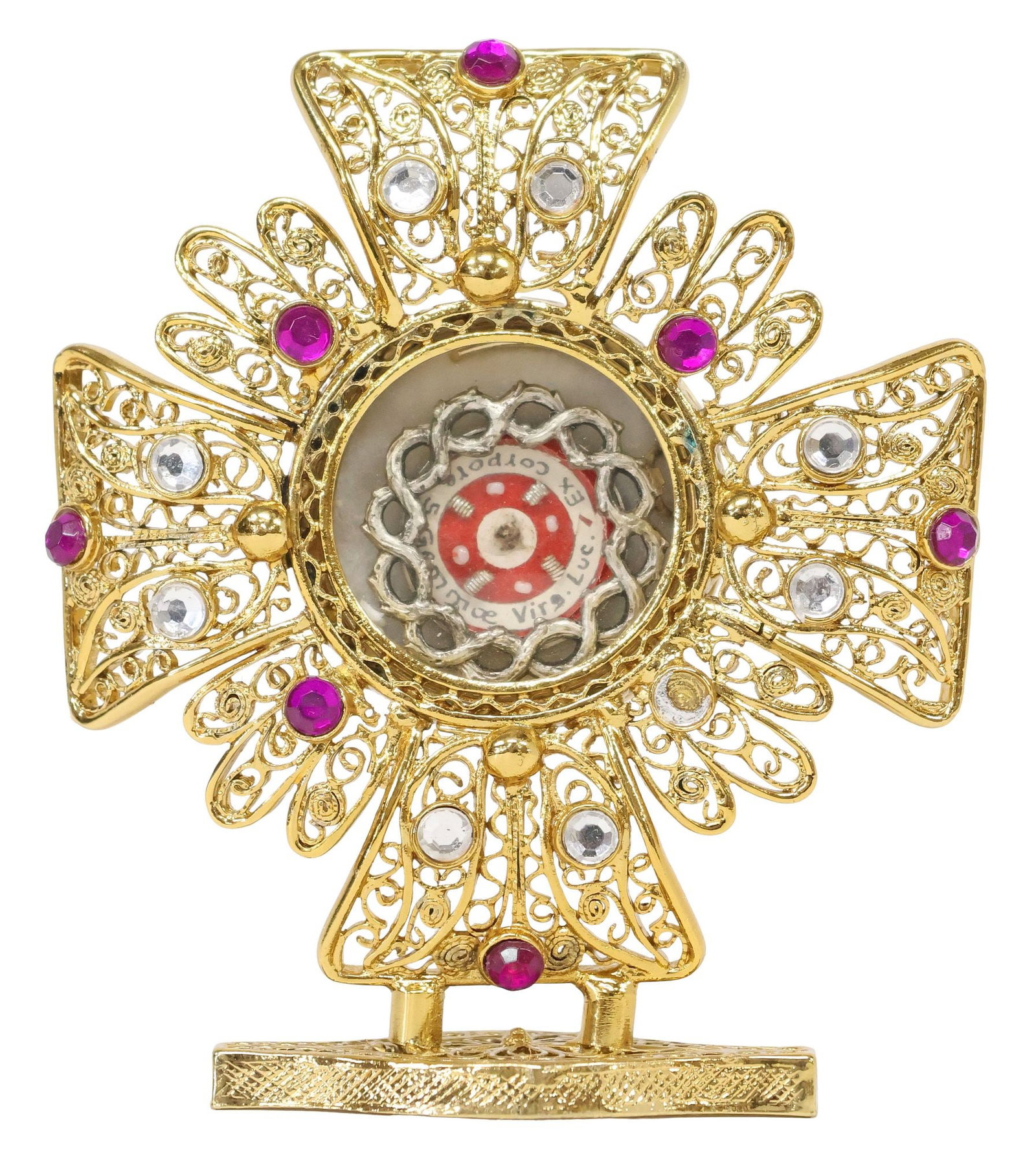 1ST-CLASS RELIC OF SAINT GEMMA GALGANI IN ENCRUSTED ALTAR RELIQUARY: First-class (ex corpore) relic of Saint Gemma Galgani (Gemma Umberta Maria Galgani, also known as the "Daughter of the Passion," Italian, 1878-1903), housed in a silver-tone metal theca reliquary,