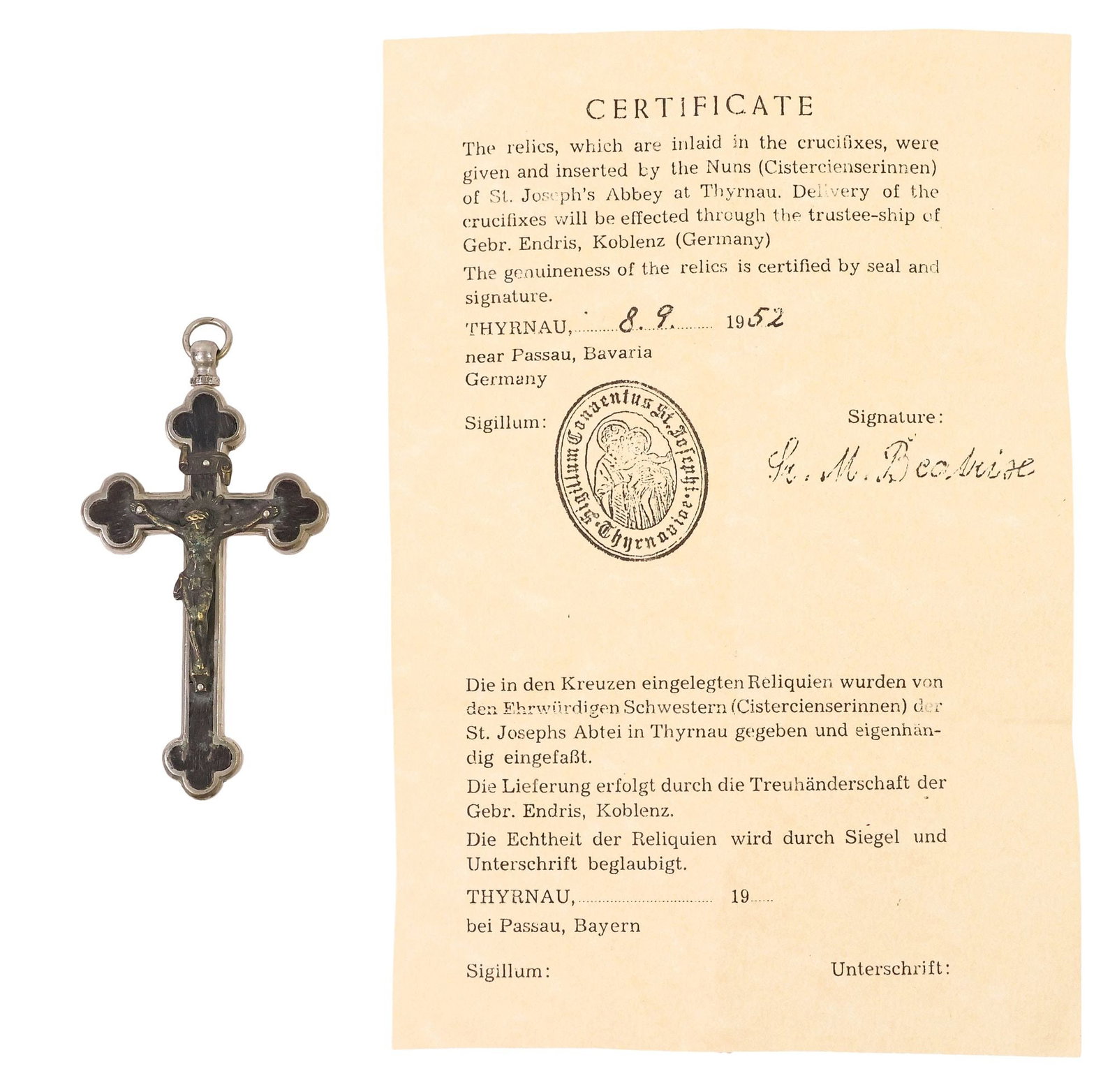 PECTORAL RELIQUARY CROSS WITH RELICS OF 2 PASSIONISTS SAINTS & COPY OF COA: Religious silver-tone metal and ebony-inlaid pectoral reliquary crucifix, early-mid 20th c., cross pendant with trefoil terminals and Corpus Christi, encasing (two) first-class relics of Saint Paul of