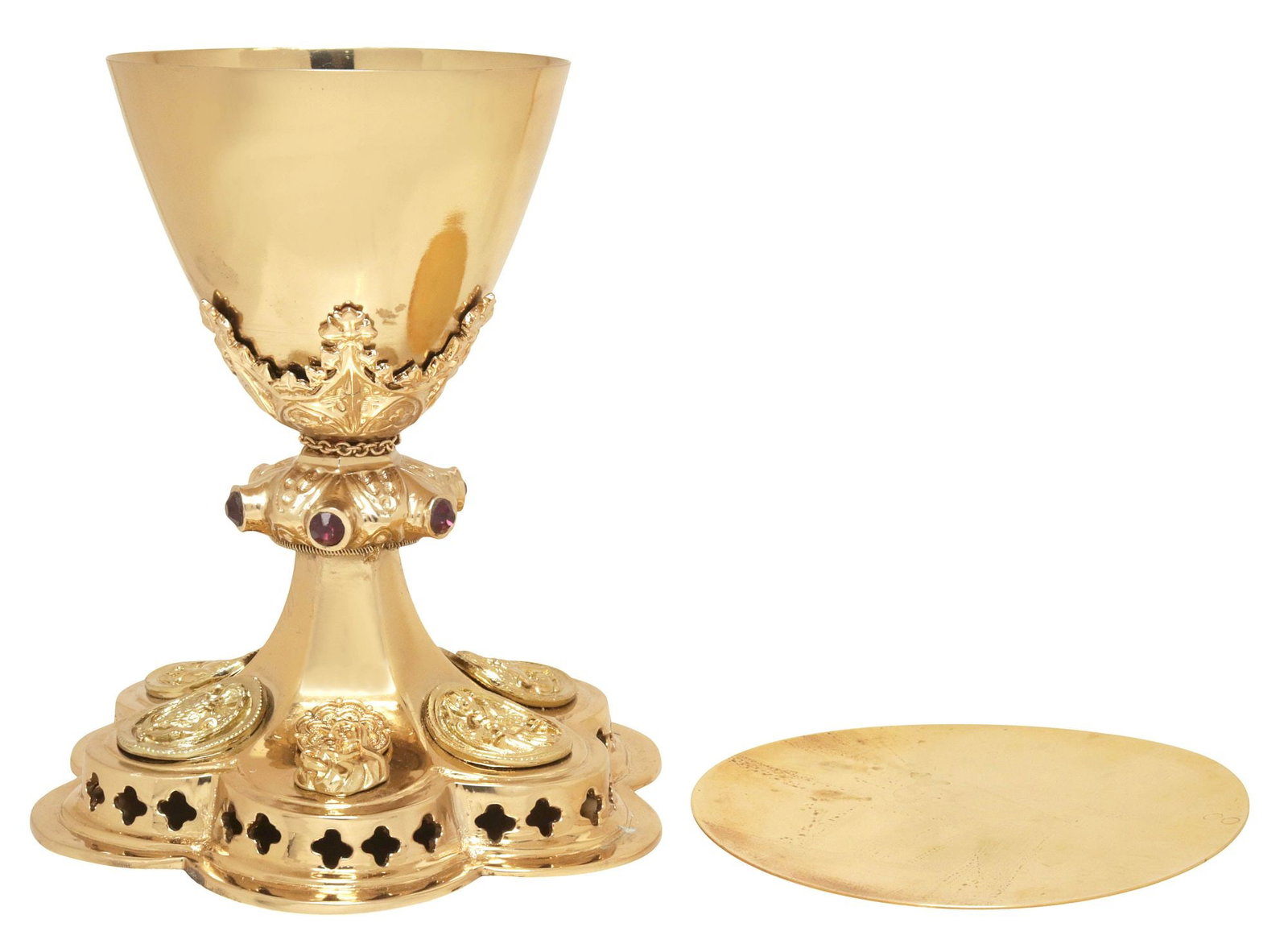(2) LITURGICAL GILT SILVER COMMUNION CHALICE & PATEN: (lot of 2) Liturgical gilt silver (content unknown) communion set, 20th c., including: (1) ornate weighted chalice, having tapering bowl, above knopped and paneled standard with bezel-set