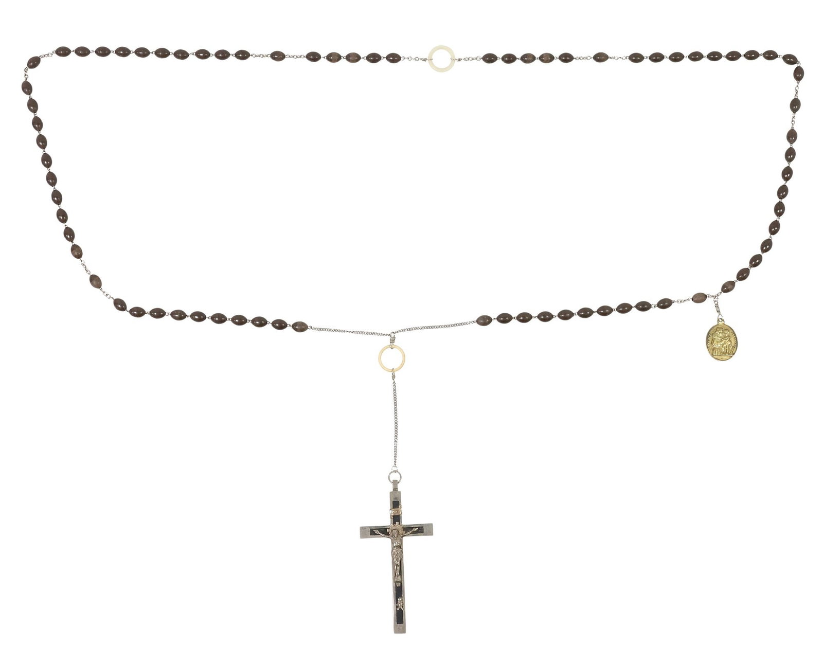 FRANCISCAN NUN'S 7-DECADE CROWN ROSARY WITH CRUCIFIX PENDANT: Franciscan nun's seven-decade crown rosary, comprised of (seventy-six) cocoa beads on silver-tone metal chain, adorned with (one) German ebony-inlaid silver-tone metal crucifix pendant, with applied