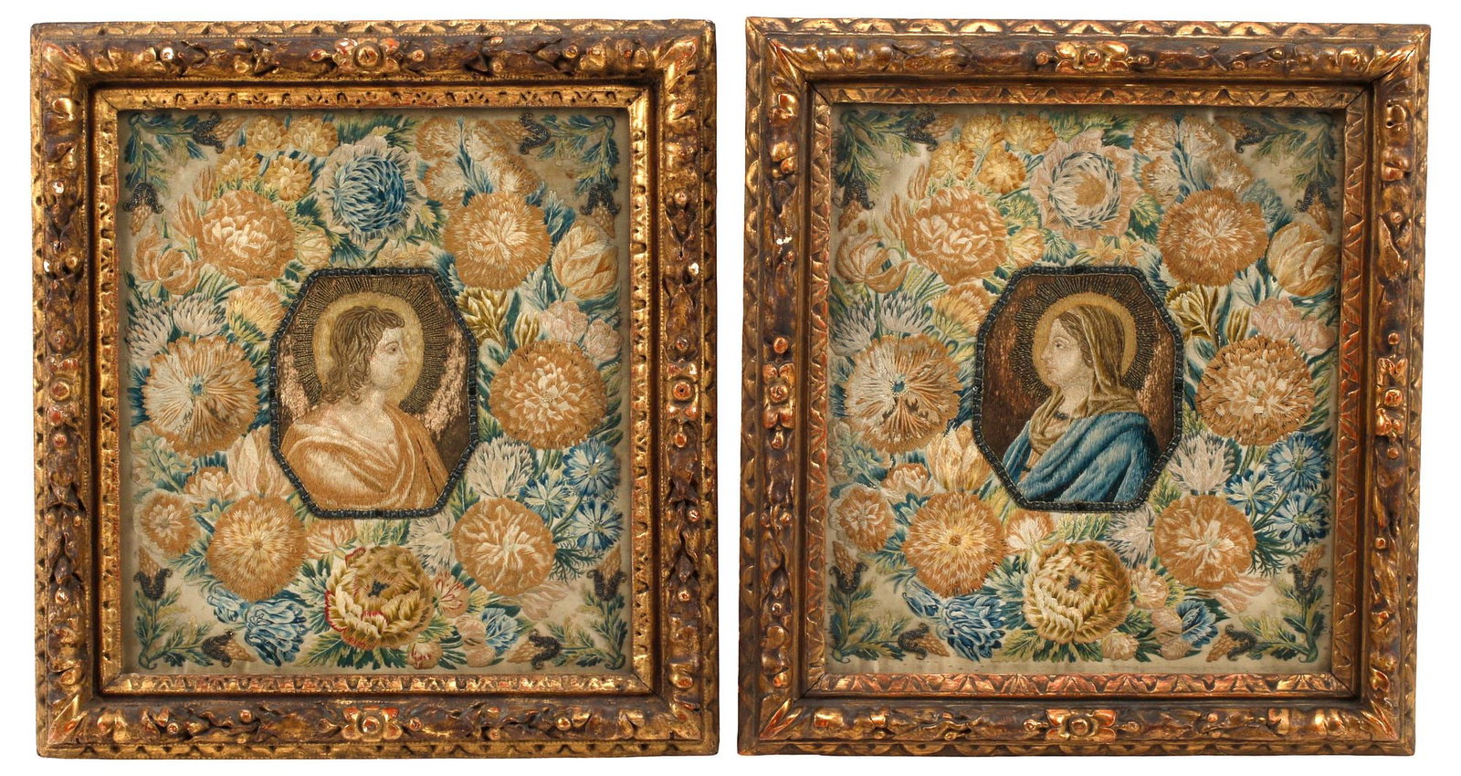 (2) FRAMED CONTINENTAL SCHOOL RELIGIOUS EMBROIDERY PANELS, MARY & JESUS (1 of 6)