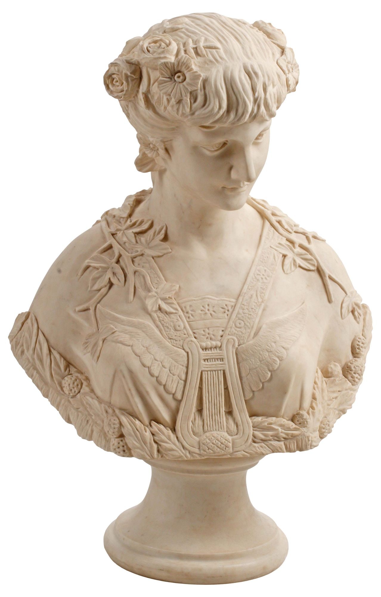 CLASSICAL STYLE CARVED MARBLE SCULPTURE, BUST OF A LADY, 26"H (1 of 6)