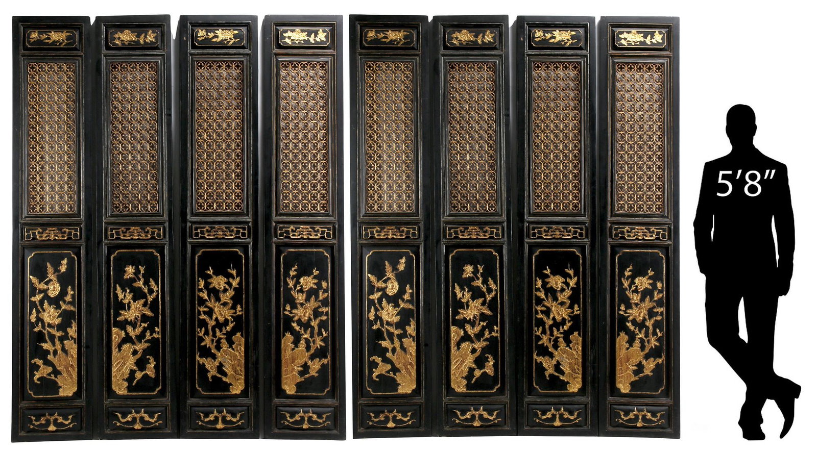 (8) CHINESE EBONIZED & PARCEL-GILT WALL-MOUNTED FRETWORK PANELS, 96.5"H (1 of 8)